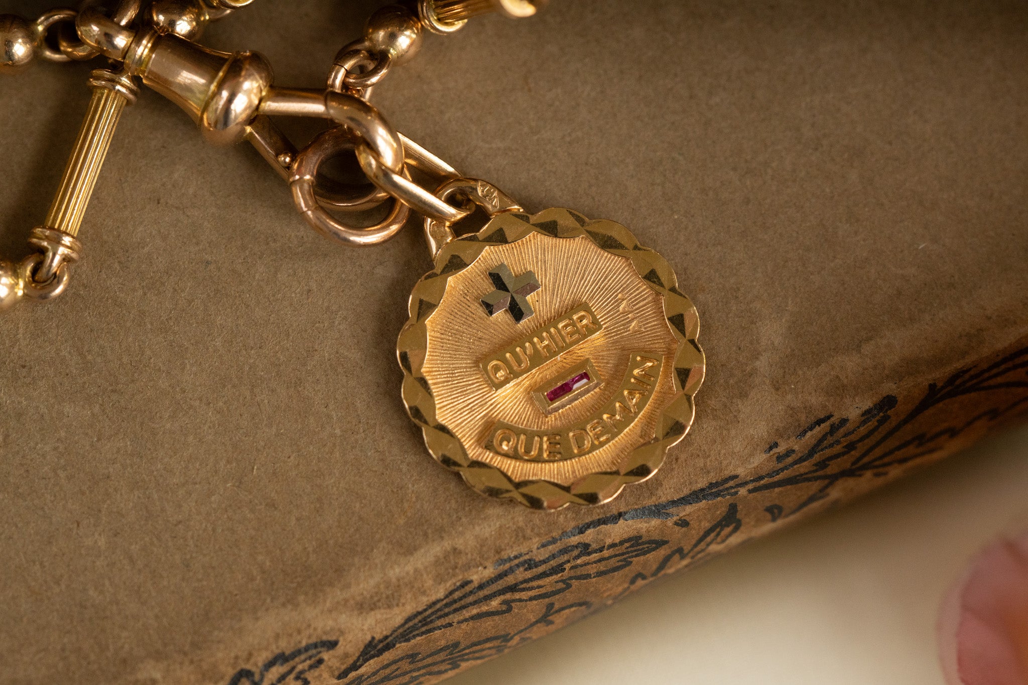 FRENCH AUGIS LOVE MEDAL PLUS QU'HIER 18CT GOLD AND RUBY image 0