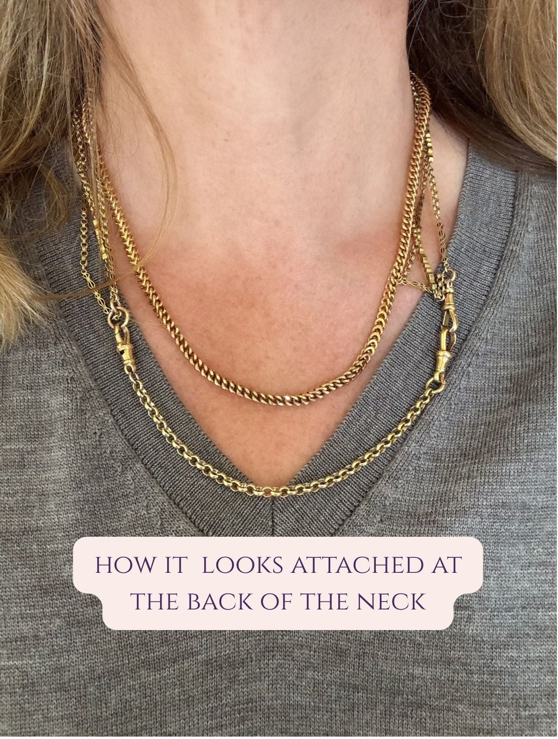 Gold chain necklace worn by a person on a gray shirt with text overlay.