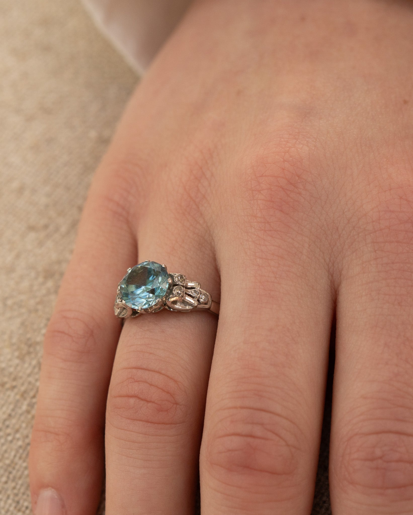 ANTIQUE ART DECO 18CT WHITE GOLD BLUE ZIRCON AND DIAMOND RING RESERVED
