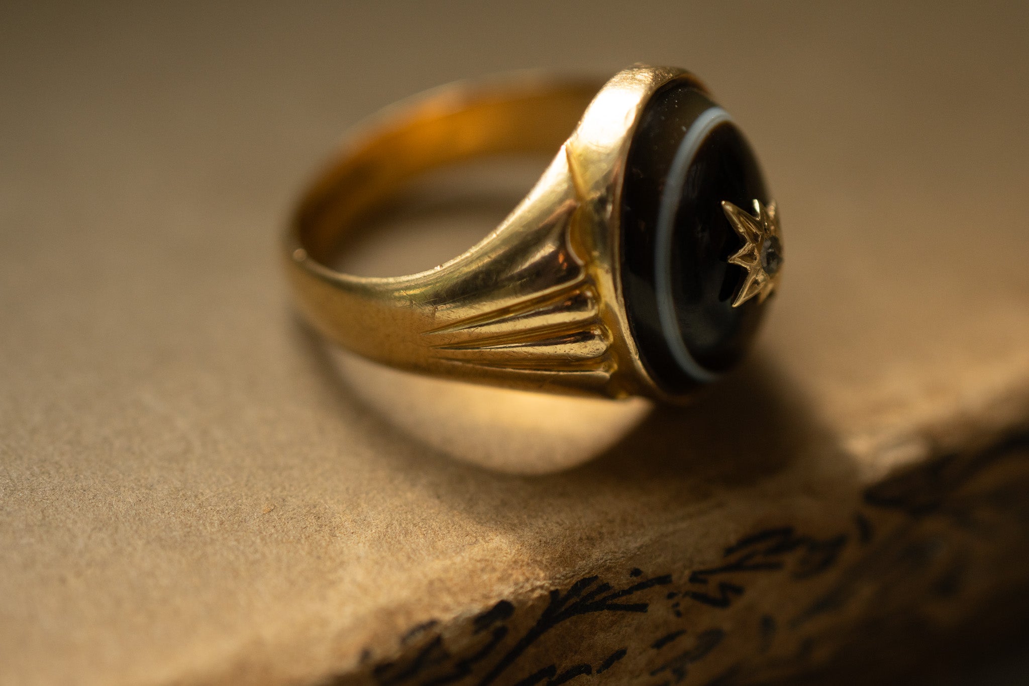 Victorian 18ct Gold Banded Agate and Diamond Ring, Henry Griffiths and Sons