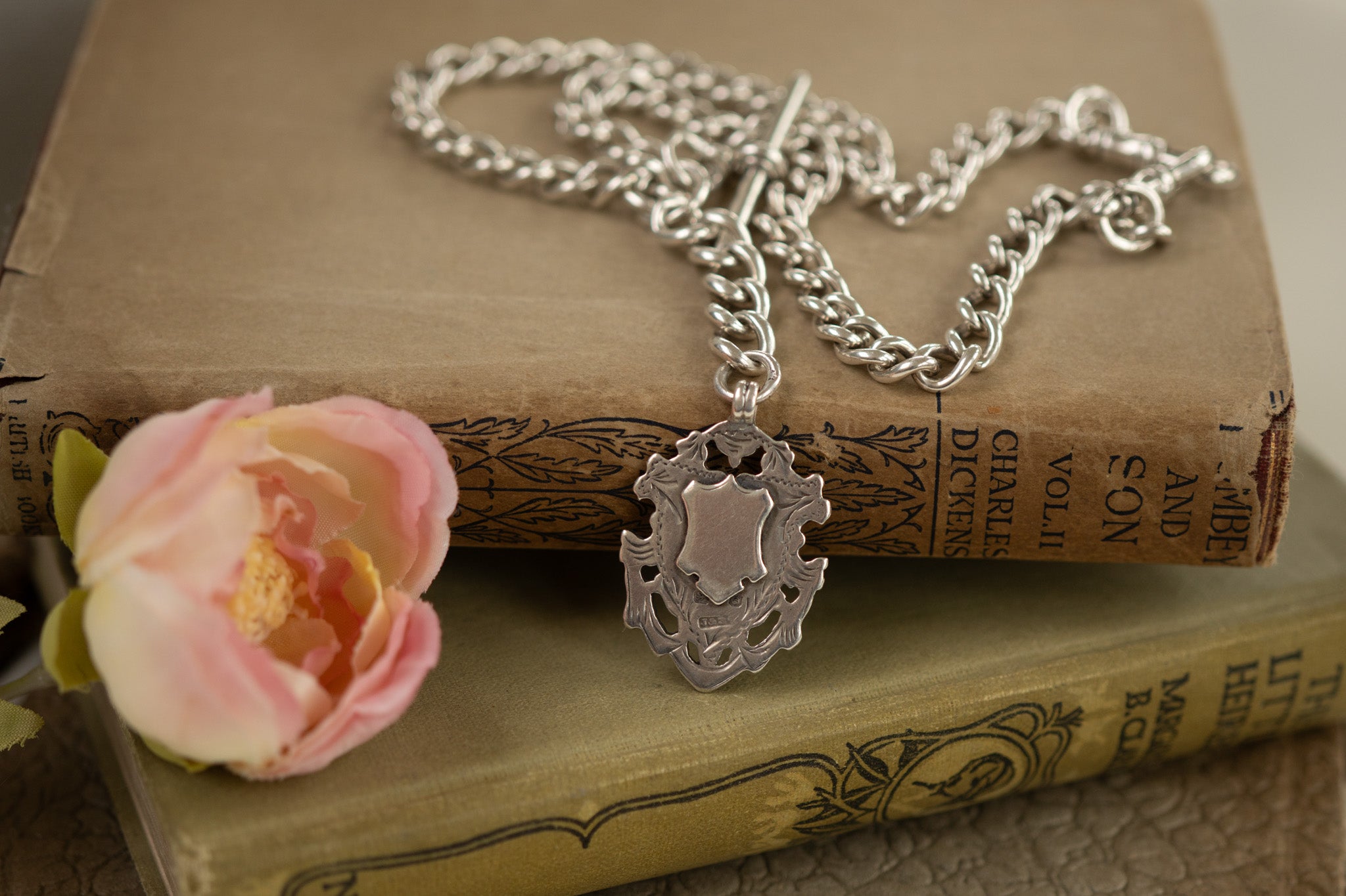 ANTIQUE SILVER DOUBLE ALBERT CHAIN WITH SLIDEABLE T BAR AND FOB SHIELD