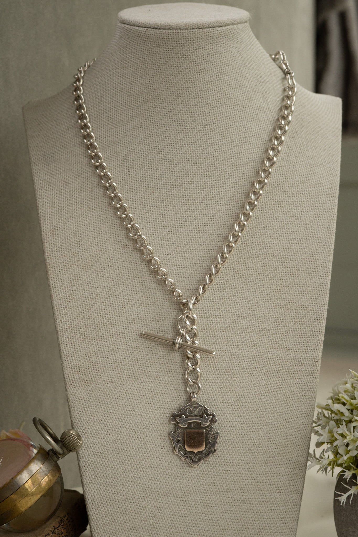 ANTIQUE SILVER DOUBLE ALBERT CHAIN WITH SLIDEABLE T BAR AND FOB SHIELD