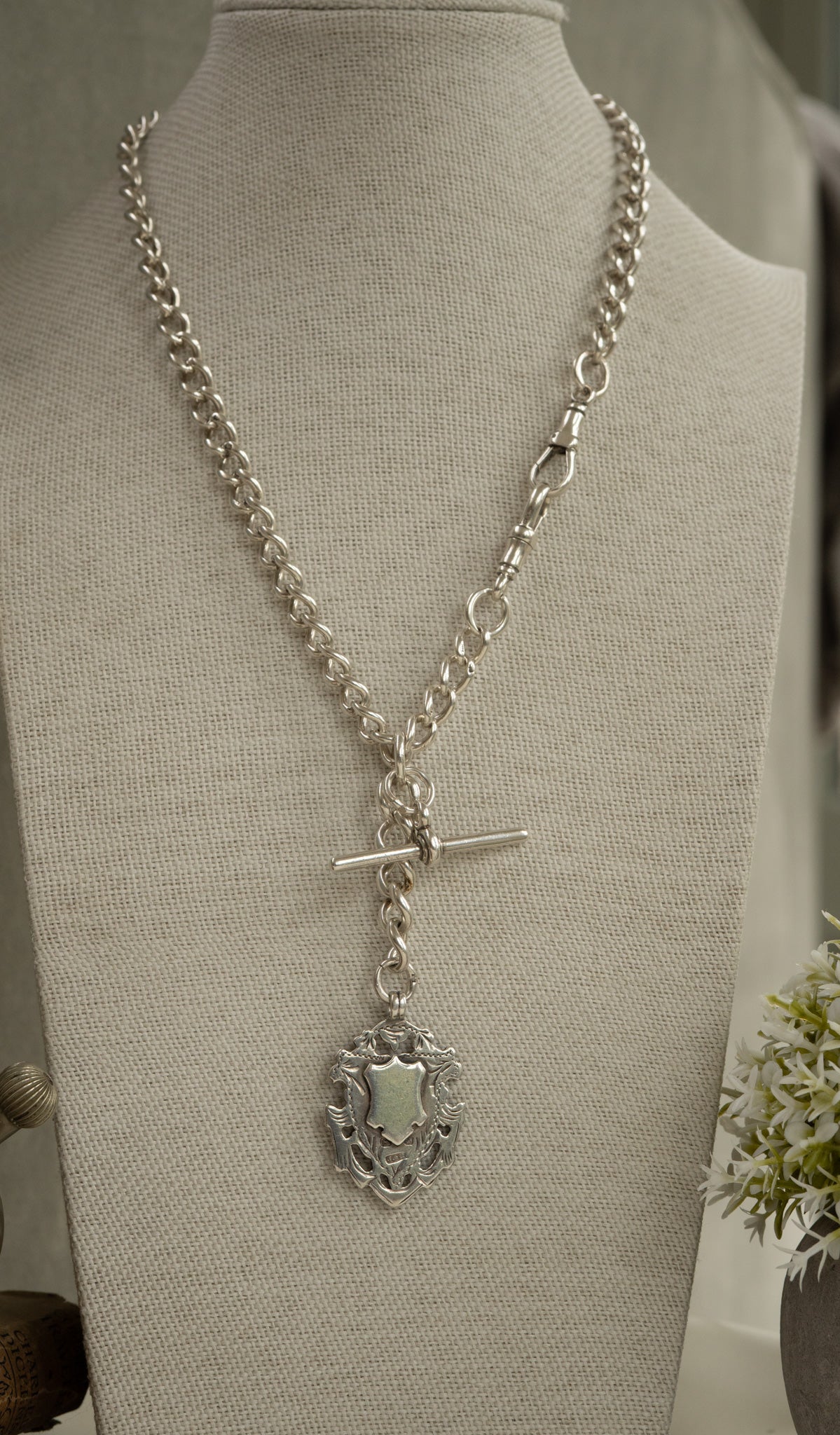 ANTIQUE SILVER DOUBLE ALBERT CHAIN WITH SLIDEABLE T BAR AND FOB SHIELD