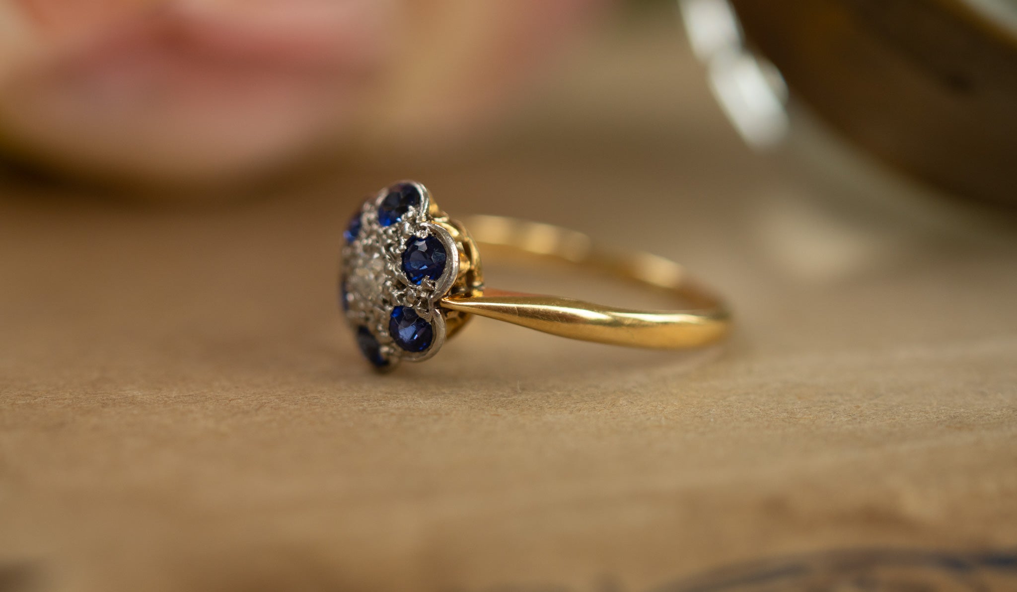 Edwardian old cut diamond and sapphire 18ct gold and platinum ring