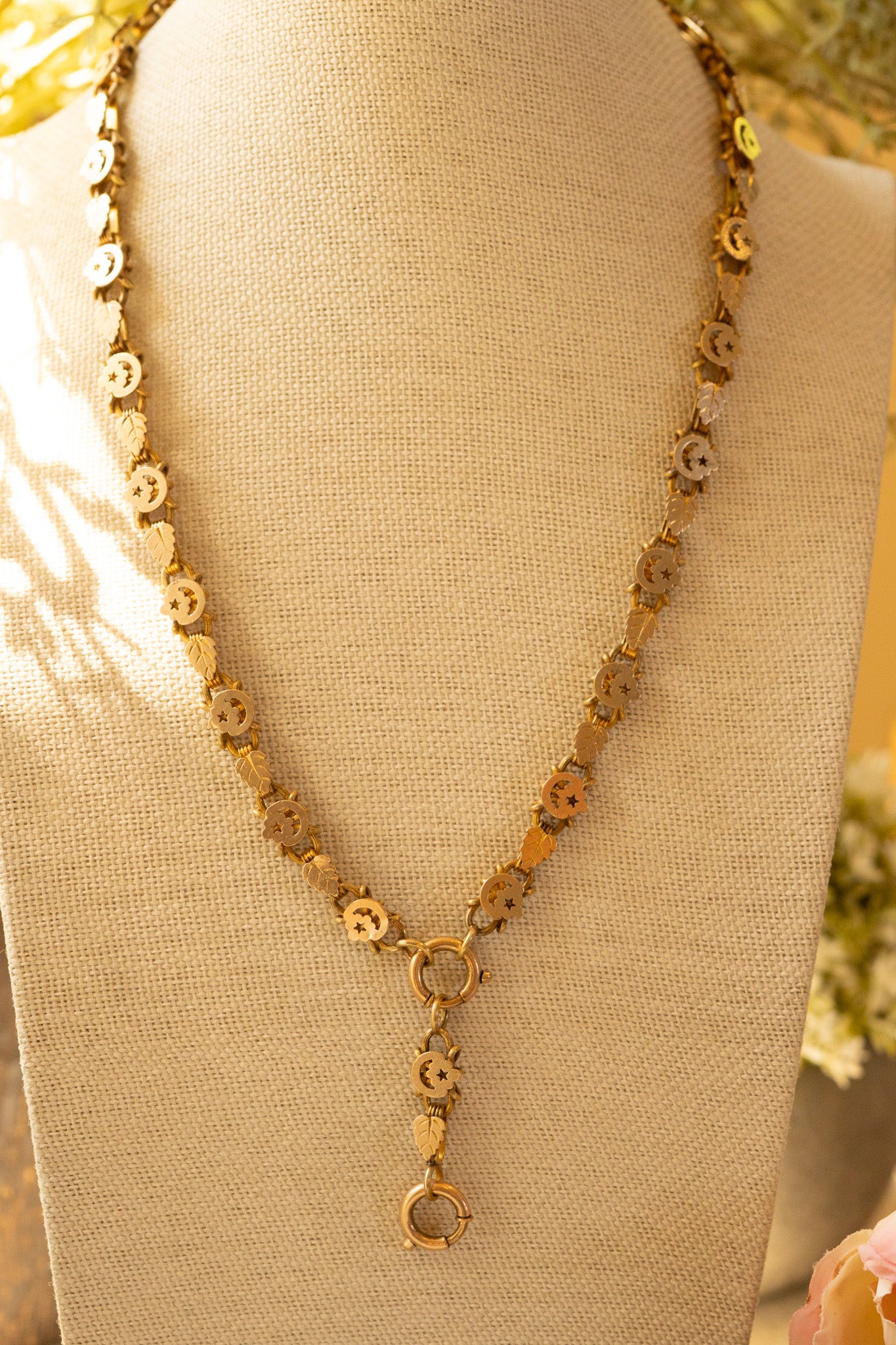 Rare Reversible Victorian Rolled Gold Chain, Ornate Leaf, Rosette and Star Detail
