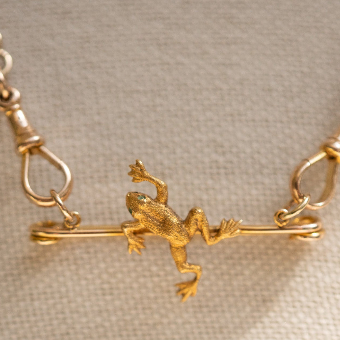 Antique 15ct Gold Frog Bar Brooches with Emerald Eyes - Sold Individually