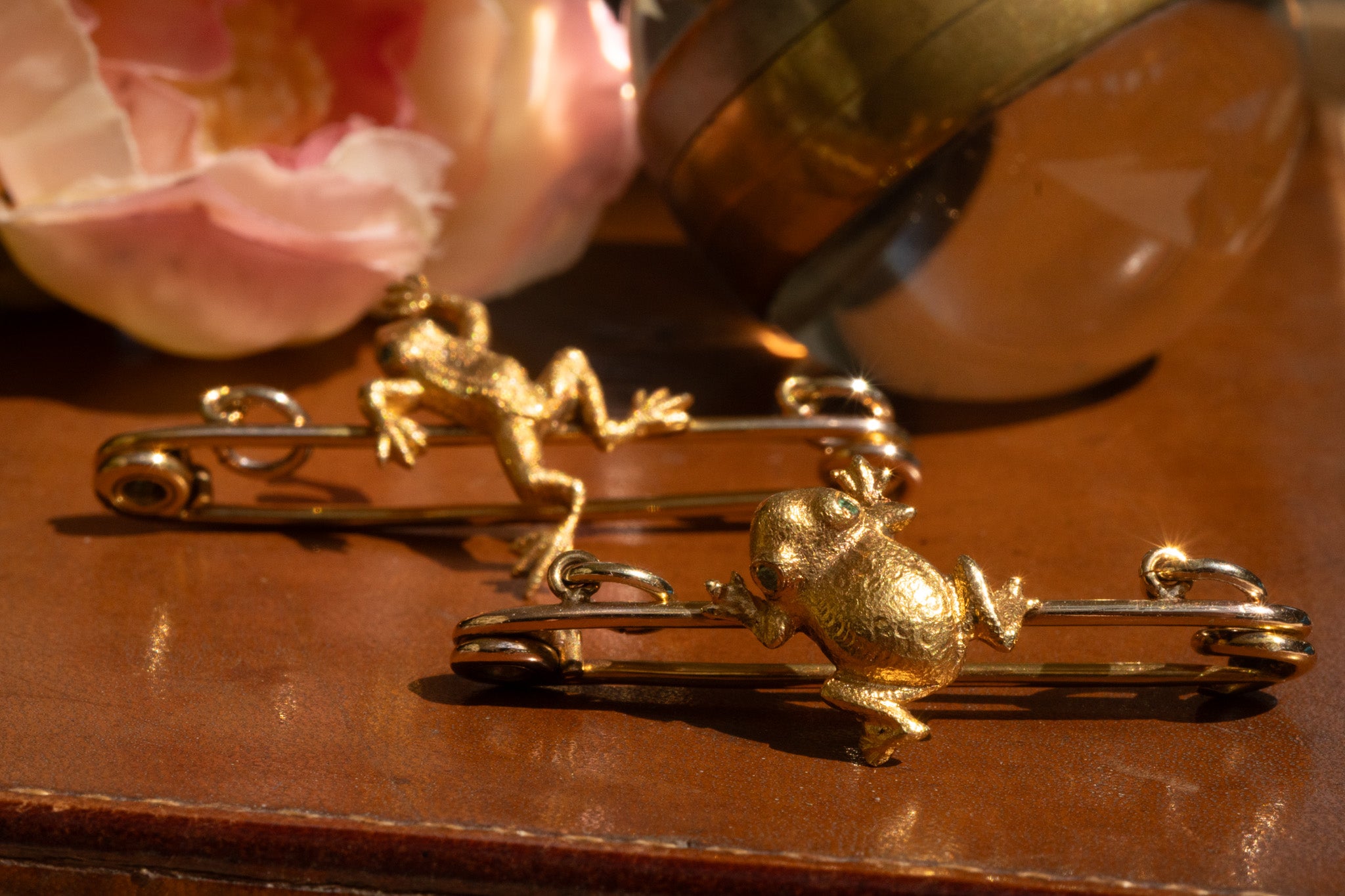 Antique 15ct Gold Frog Bar Brooches with Emerald Eyes - Sold Individually