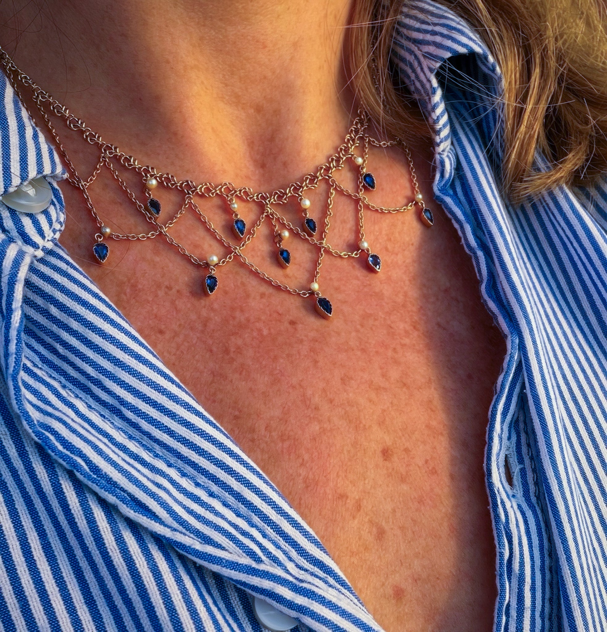 French Belle Époque festoon swag necklace in 18ct gold with Sapphires and Pearls
