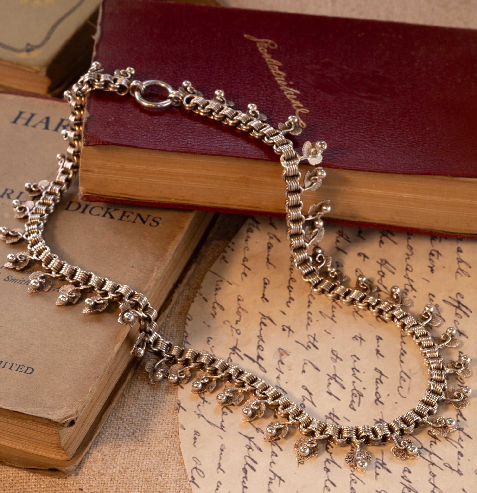 VICTORIAN SILVER BERRY DROP COLLAR NECKLACE - RIBBED BELCHER - 18.5 INCHES image 6