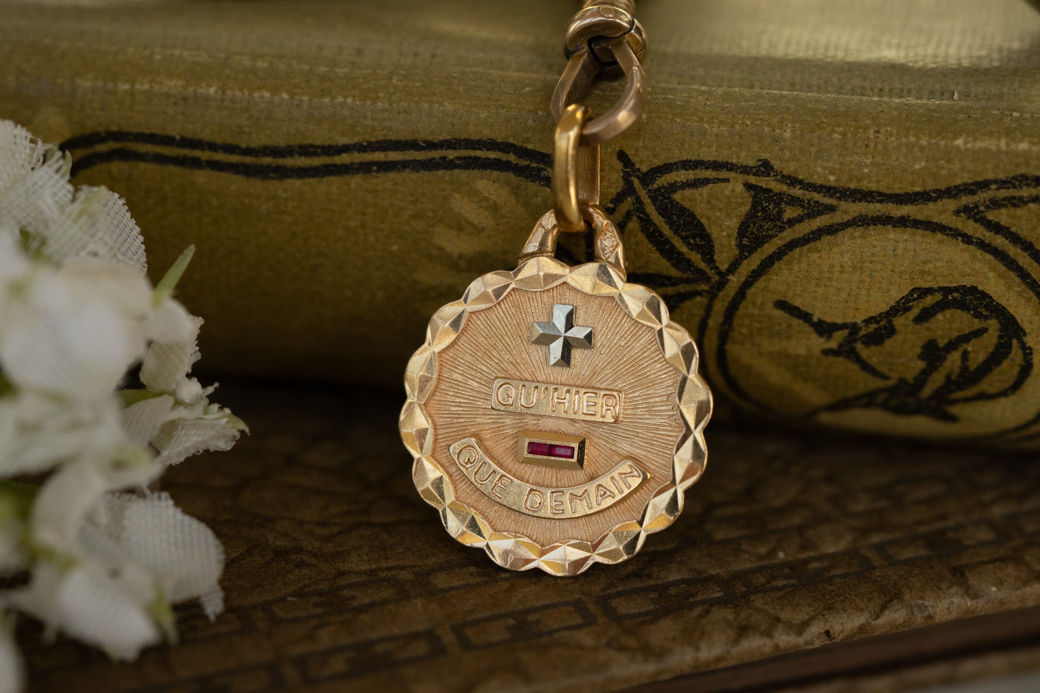 FRENCH AUGIS PLUS QU'HIER RUBY LOVE MEDAL 18CT GOLD