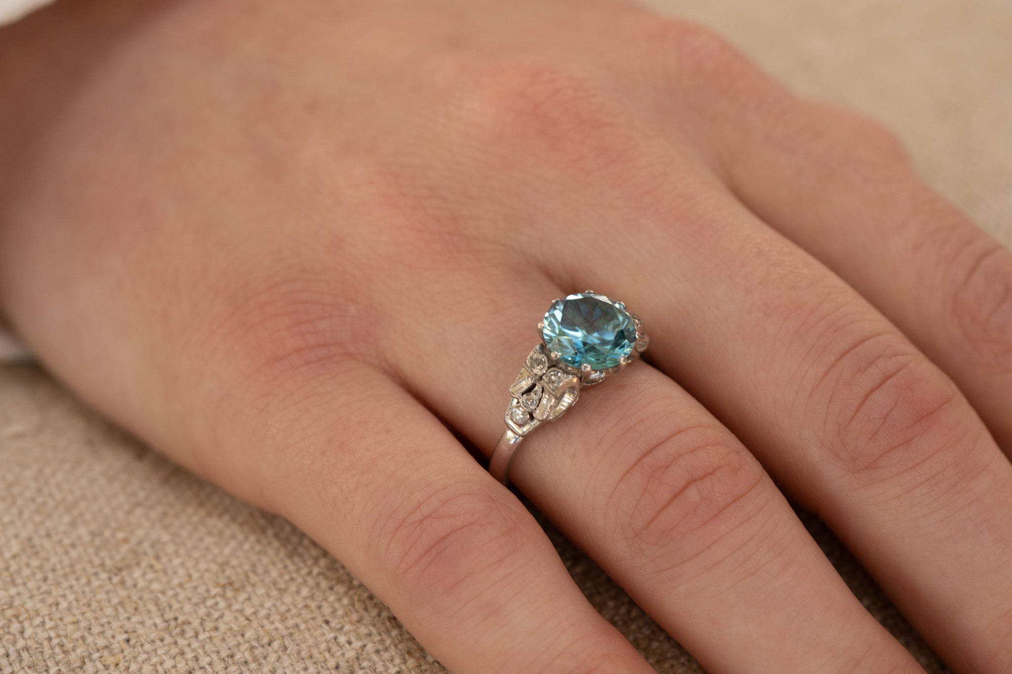 ANTIQUE ART DECO 18CT WHITE GOLD BLUE ZIRCON AND DIAMOND RING RESERVED