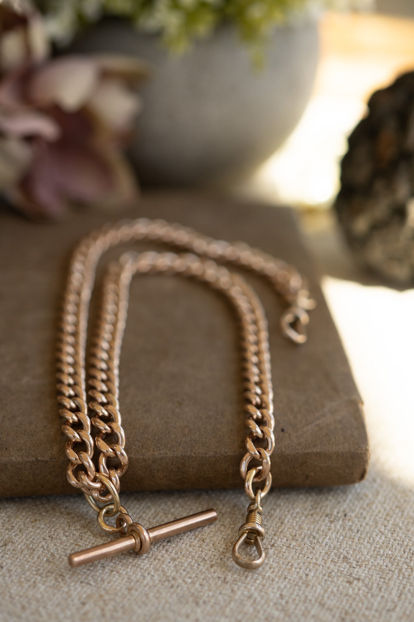 ANTIQUE 9CT GOLD DOUBLE ALBERT CHAIN WITH REMOVABLE T BAR