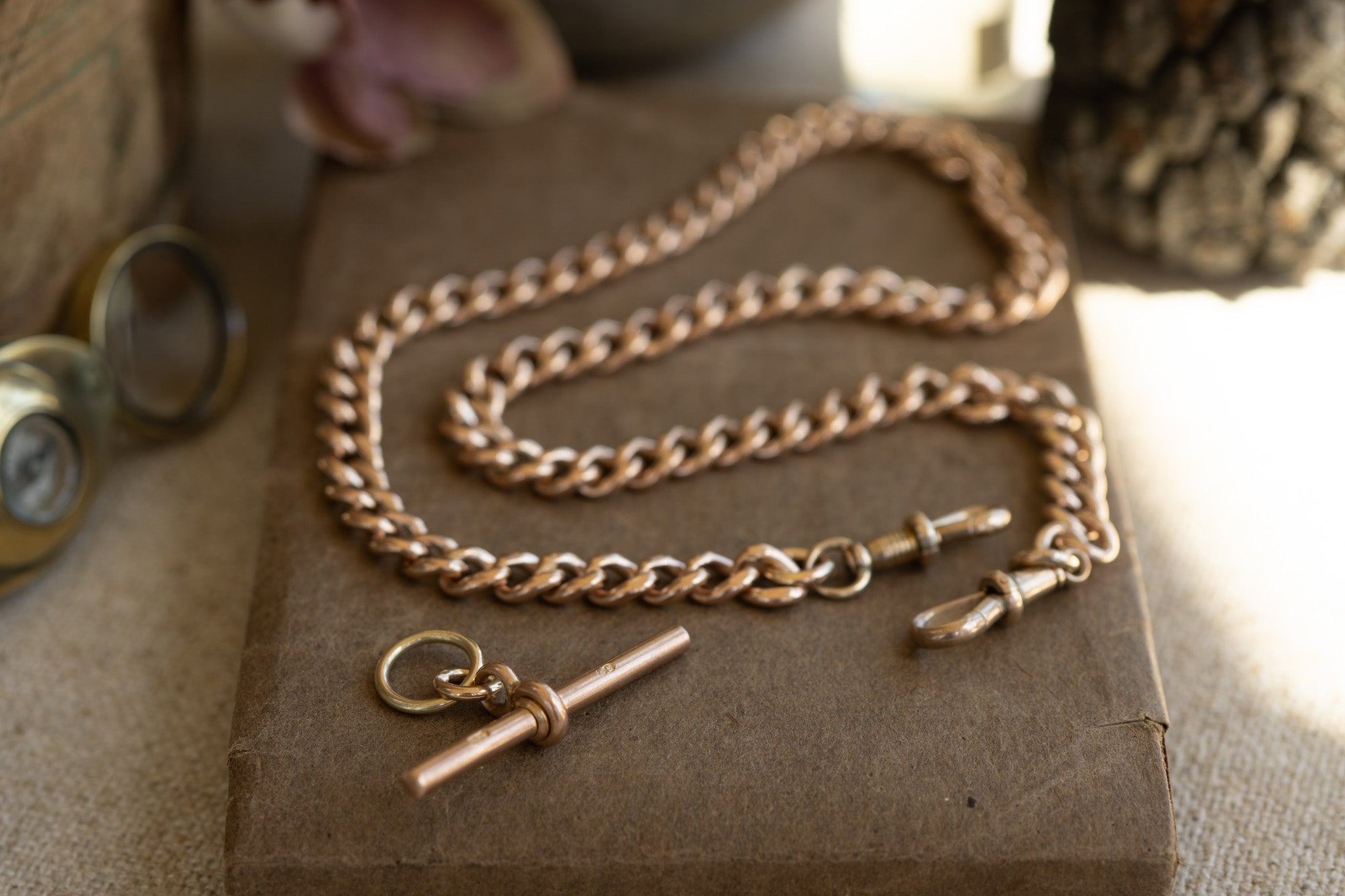 ANTIQUE 9CT GOLD DOUBLE ALBERT CHAIN WITH REMOVABLE T BAR