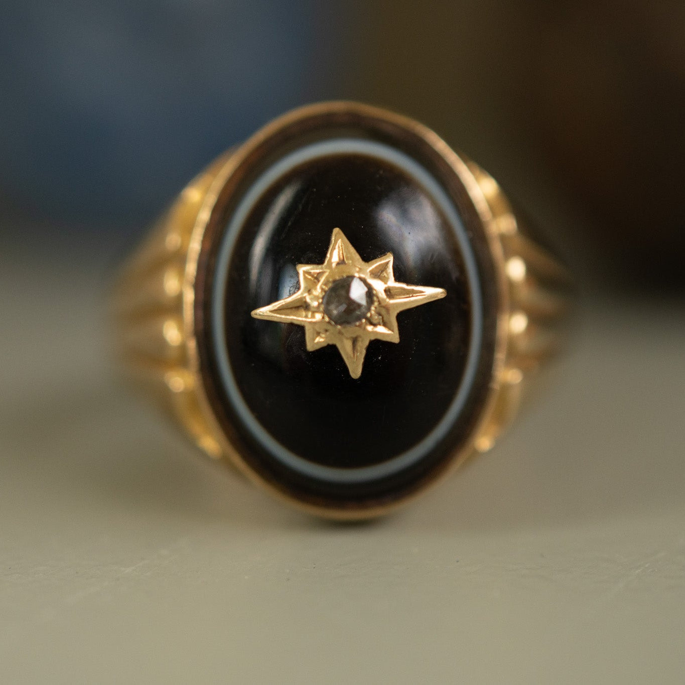 Victorian 18ct Gold Banded Agate and Diamond Ring, Henry Griffiths and Sons