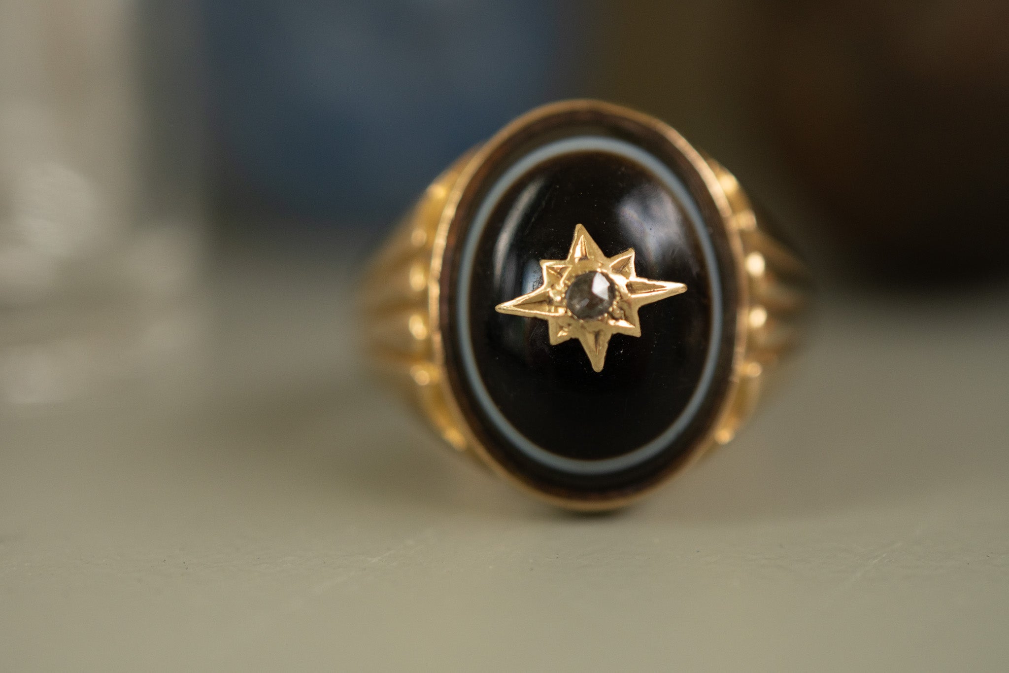 Victorian 18ct Gold Banded Agate and Diamond Ring, Henry Griffiths and Sons
