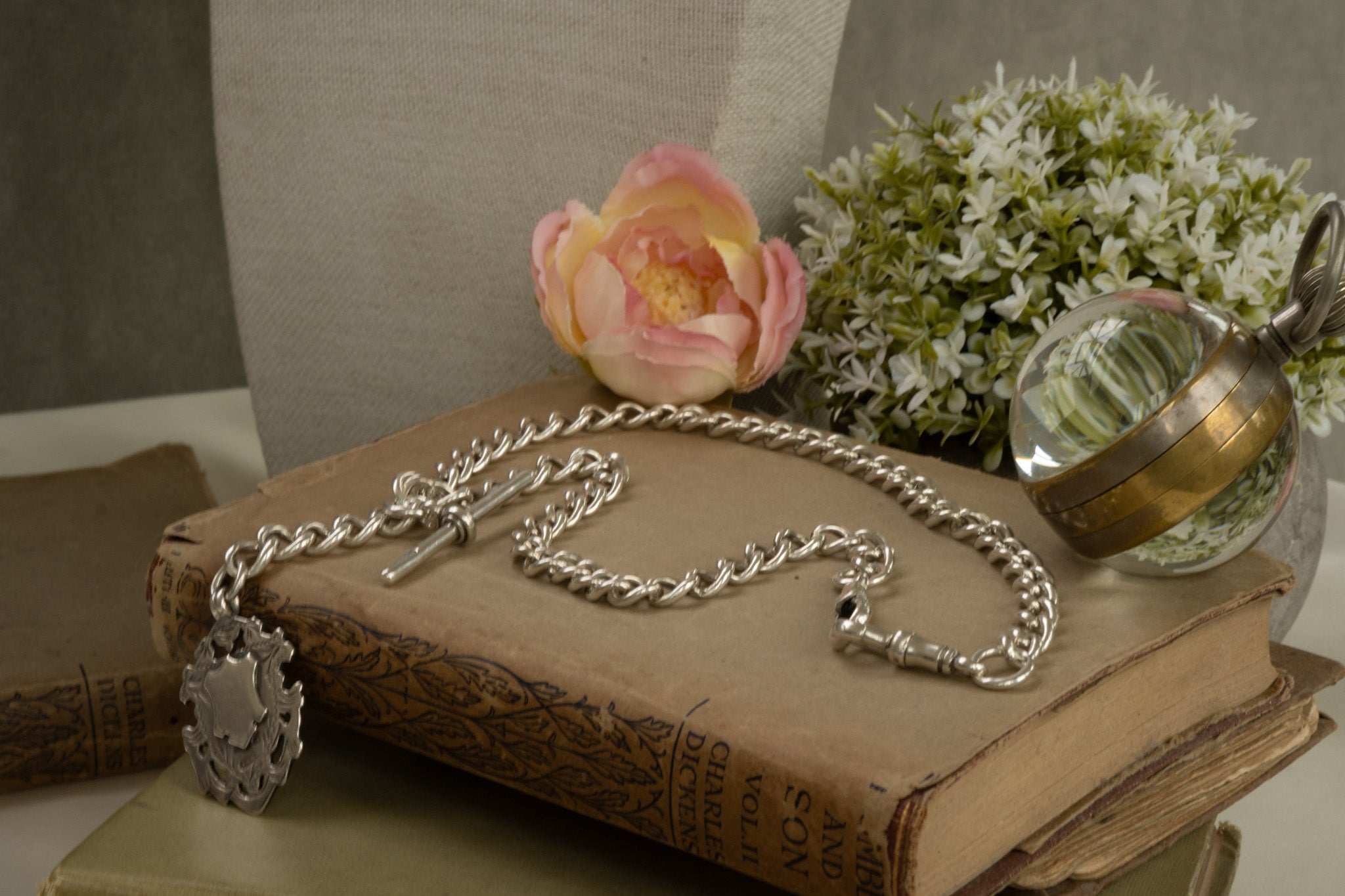 ANTIQUE SILVER DOUBLE ALBERT CHAIN WITH SLIDEABLE T BAR AND FOB SHIELD