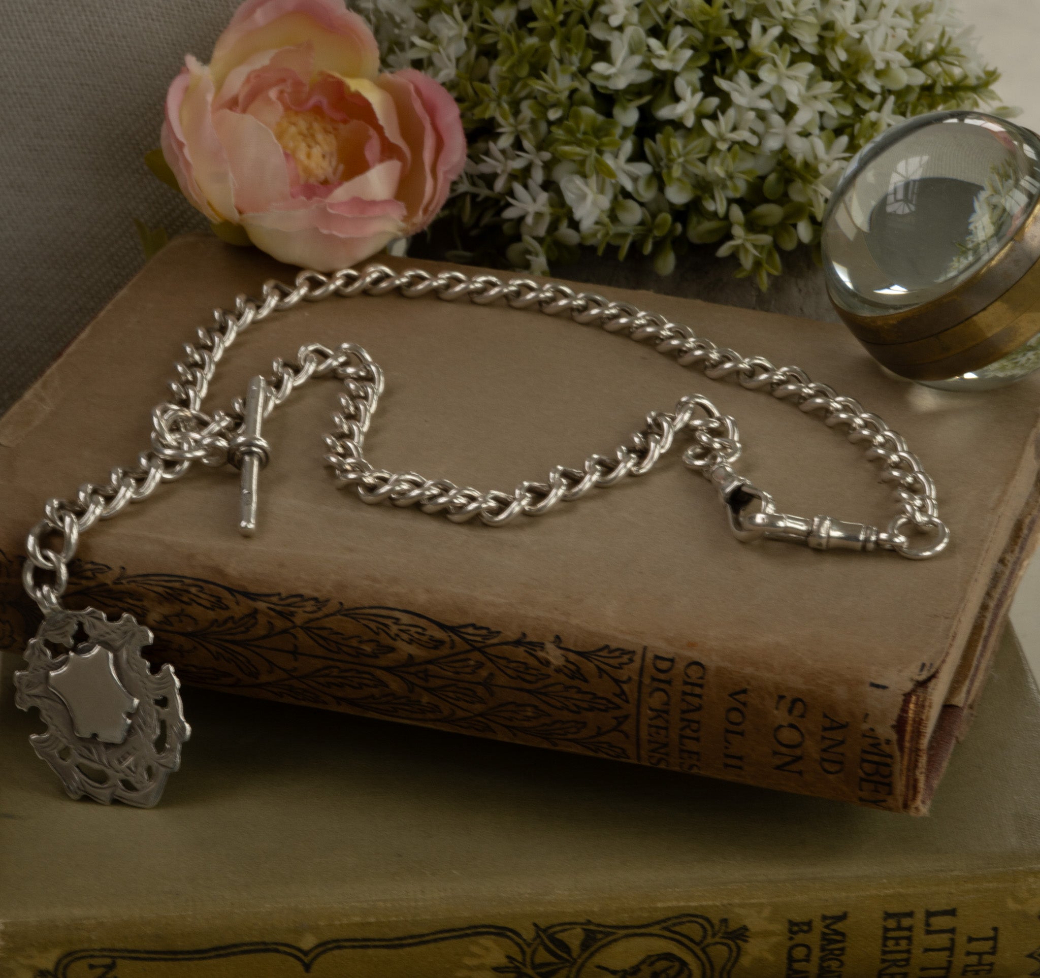 ANTIQUE SILVER DOUBLE ALBERT CHAIN WITH SLIDEABLE T BAR AND FOB SHIELD