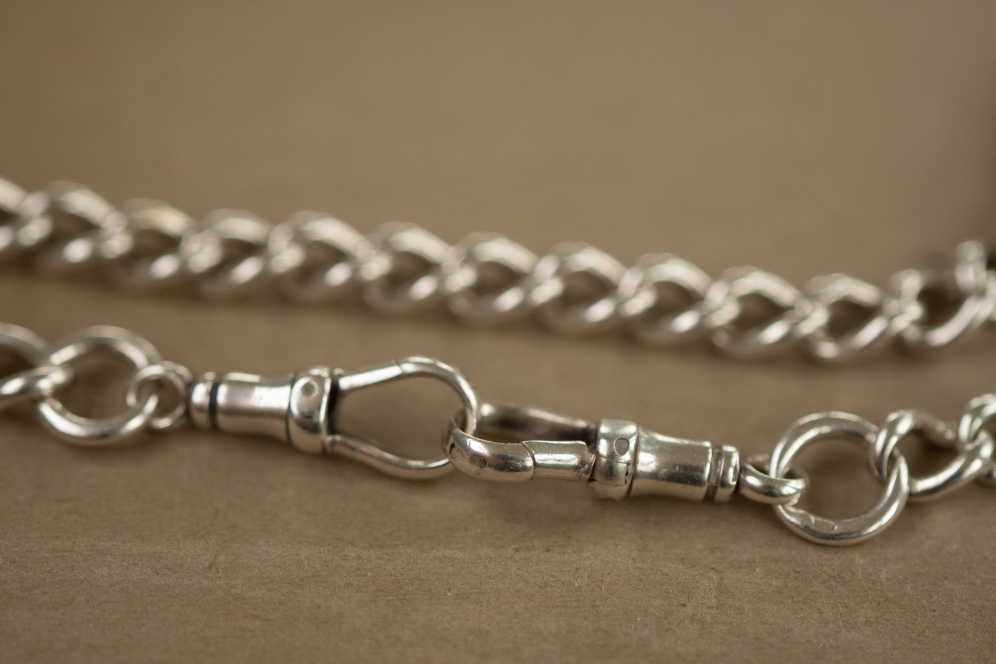 ANTIQUE SILVER DOUBLE ALBERT CHAIN WITH SLIDEABLE T BAR AND FOB SHIELD