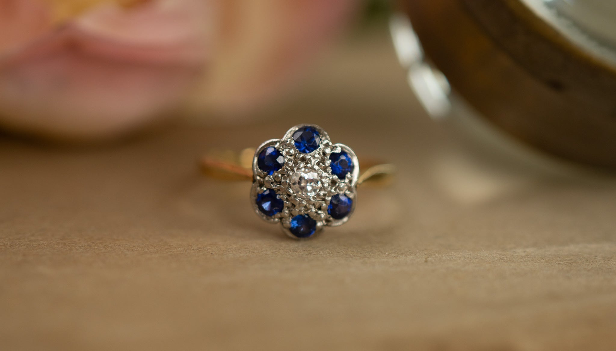 Edwardian old cut diamond and sapphire 18ct gold and platinum ring