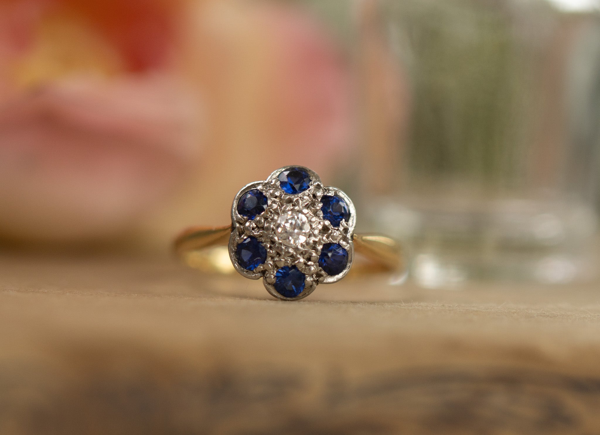 Edwardian old cut diamond and sapphire 18ct gold and platinum ring