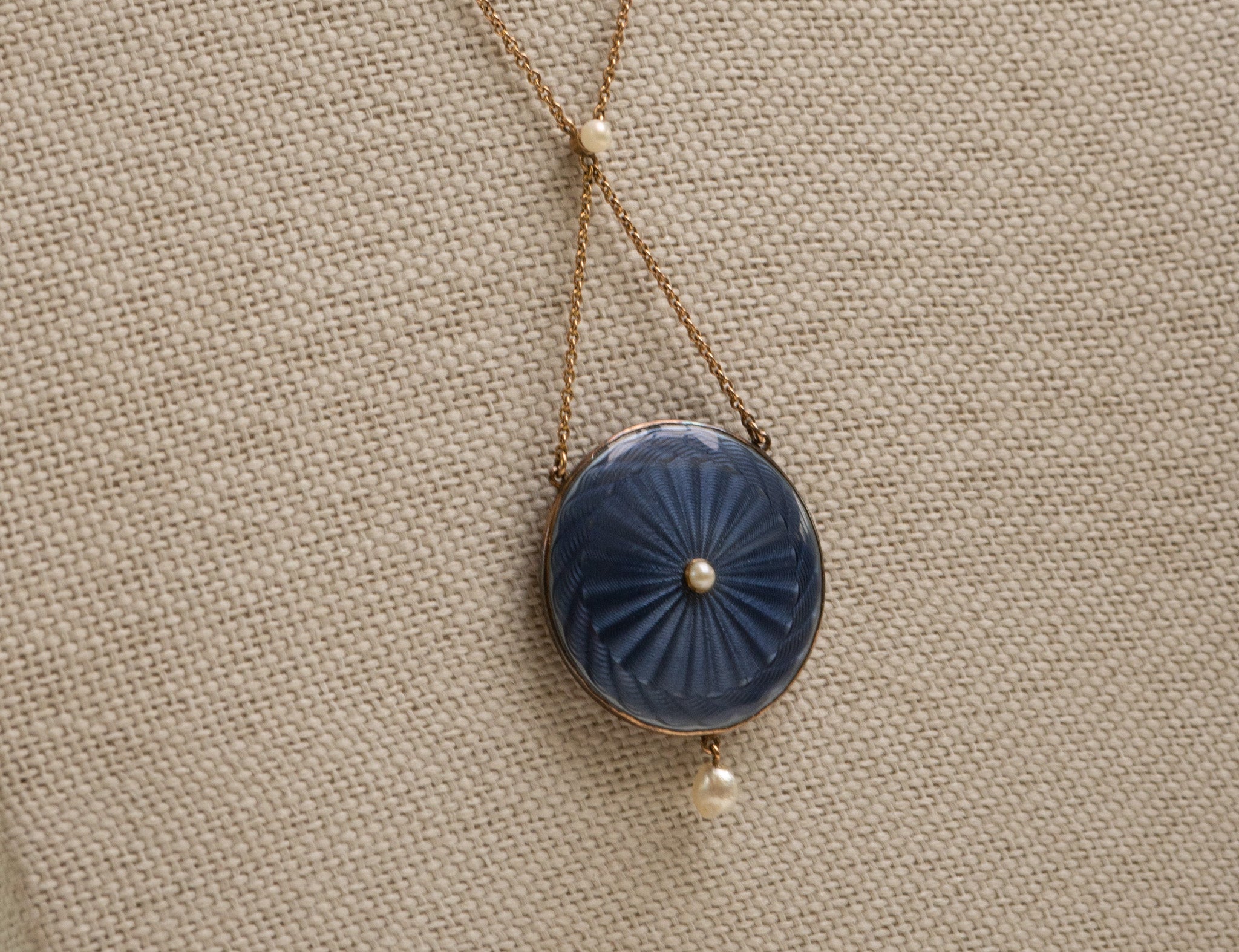 Edwardian 15ct Gold Guilloche Enamel, Miniature Portrait and Pearl Pendant Necklace