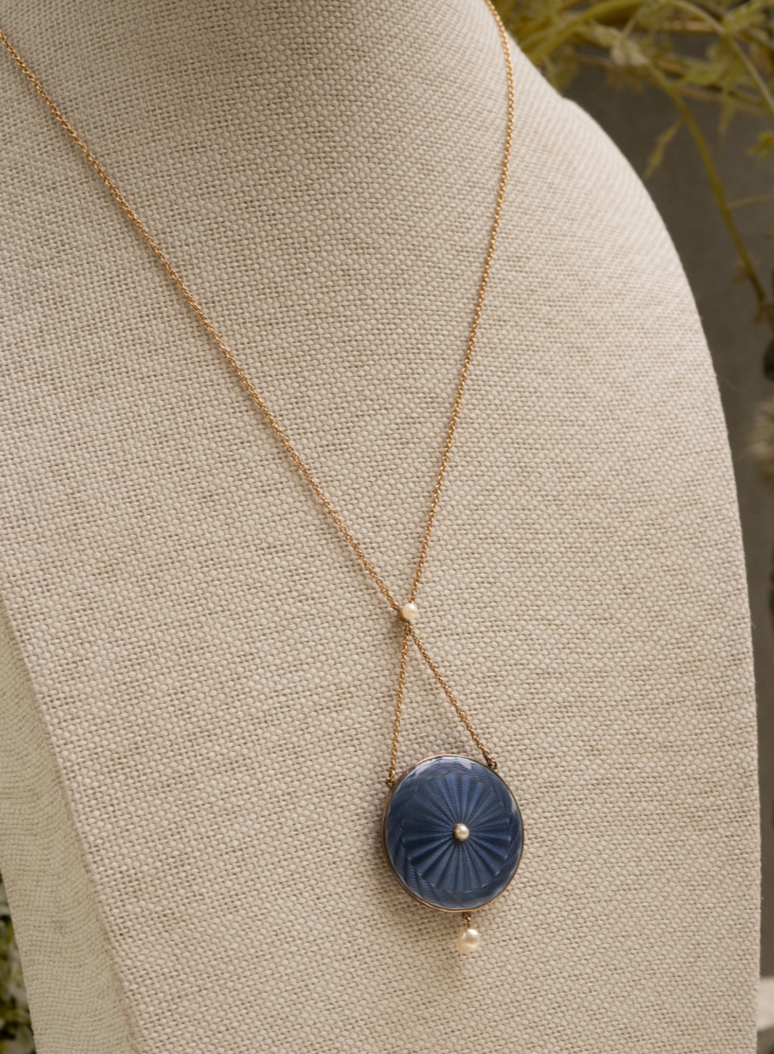 Edwardian 15ct Gold Guilloche Enamel, Miniature Portrait and Pearl Pendant Necklace