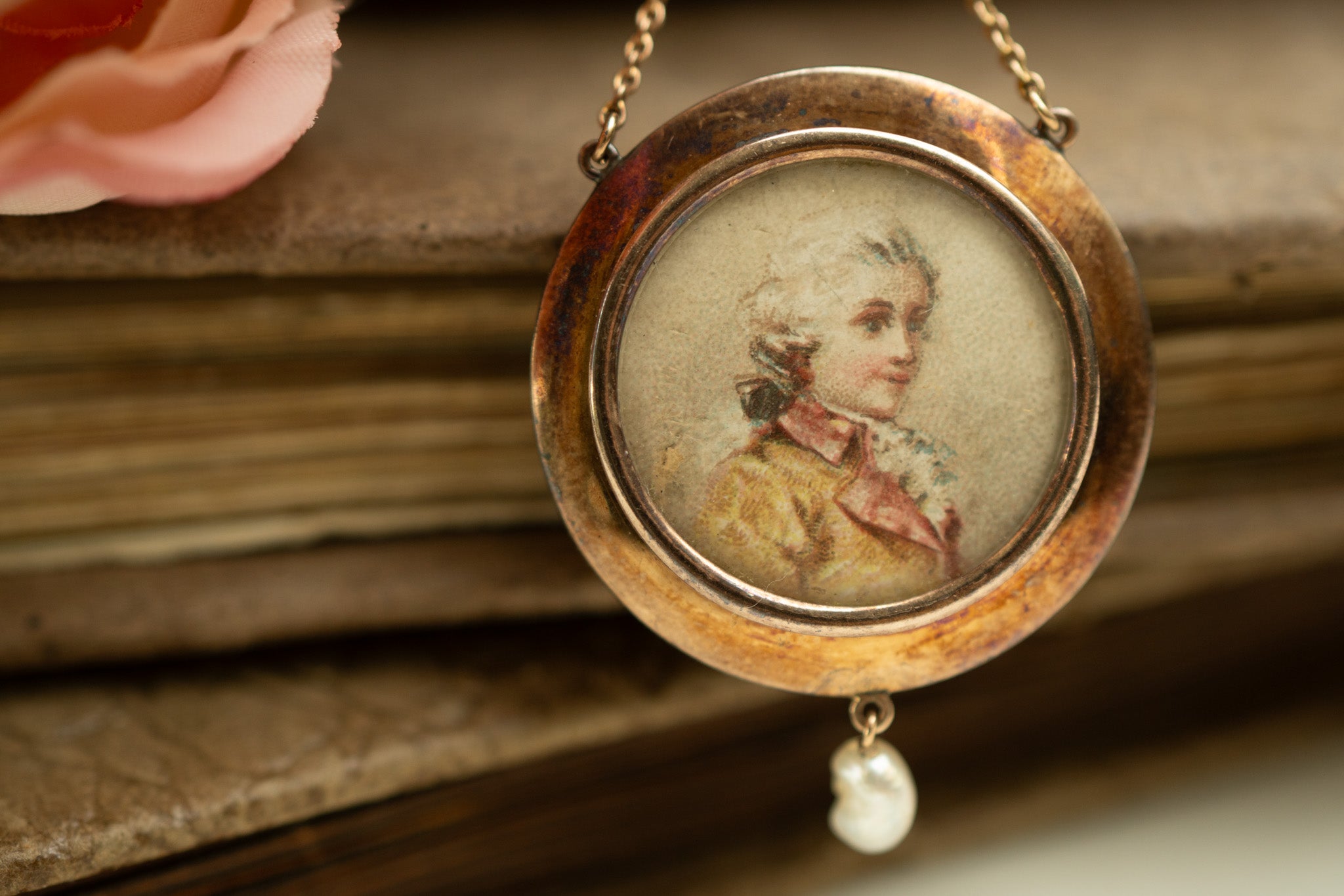 Edwardian 15ct Gold Guilloche Enamel, Miniature Portrait and Pearl Pendant Necklace