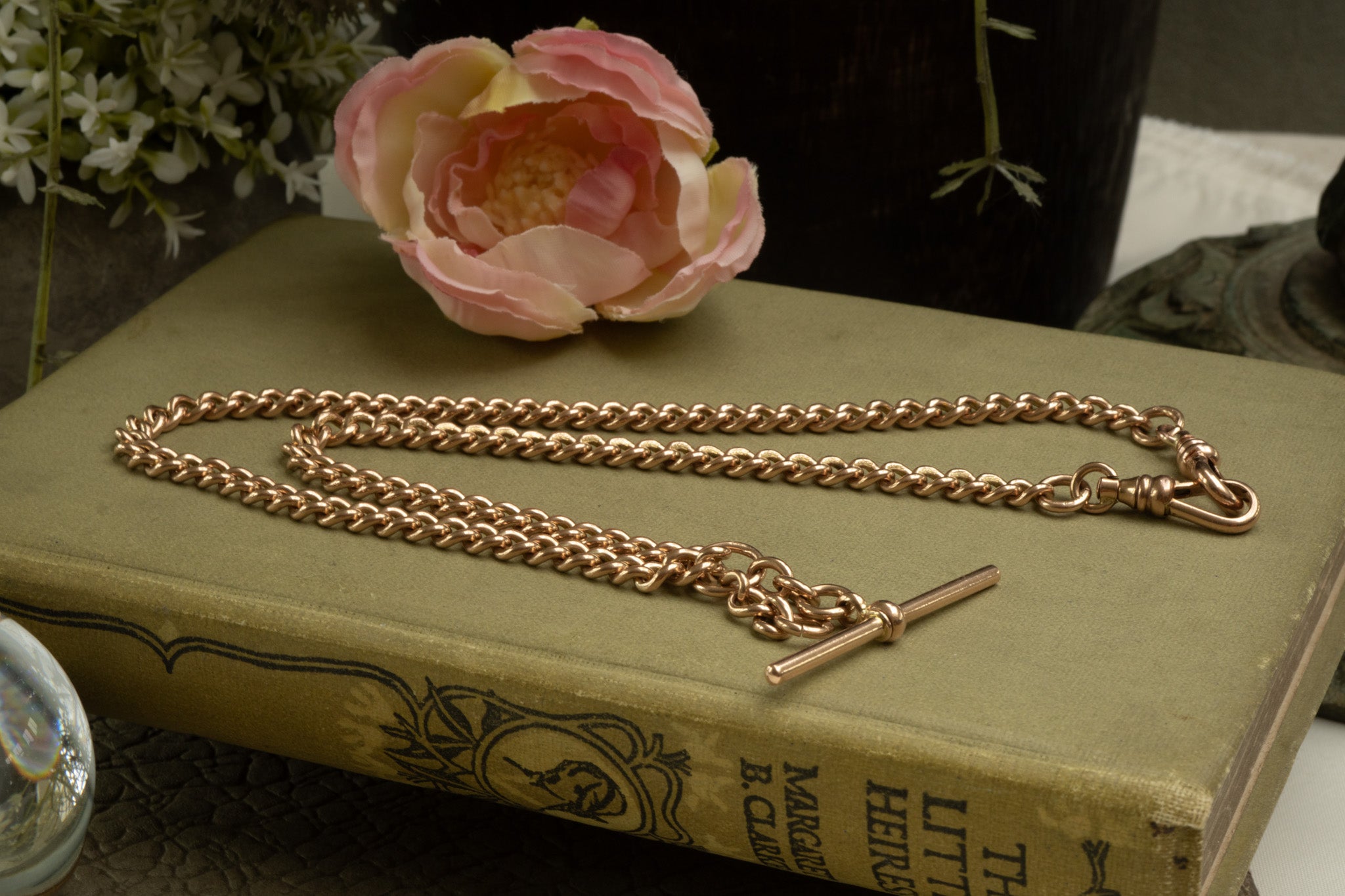 Antique Soft Peach Rose Double Albert Chain With Slideable T Bar. reserved