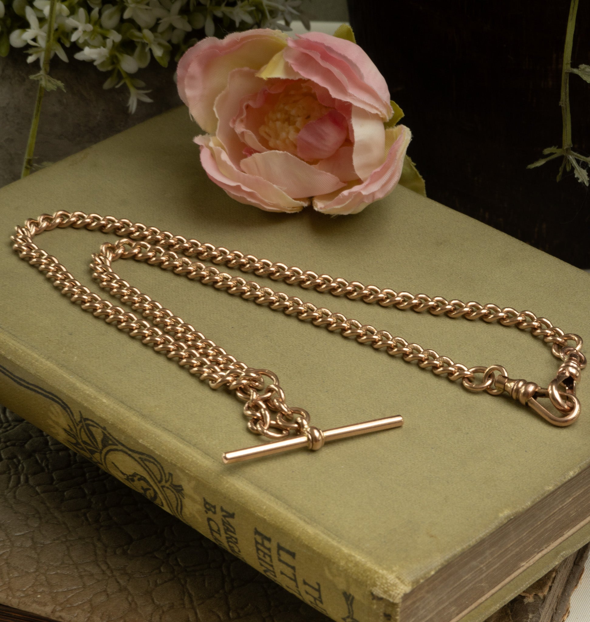 Antique Soft Peach Rose Double Albert Chain With Slideable T Bar. reserved