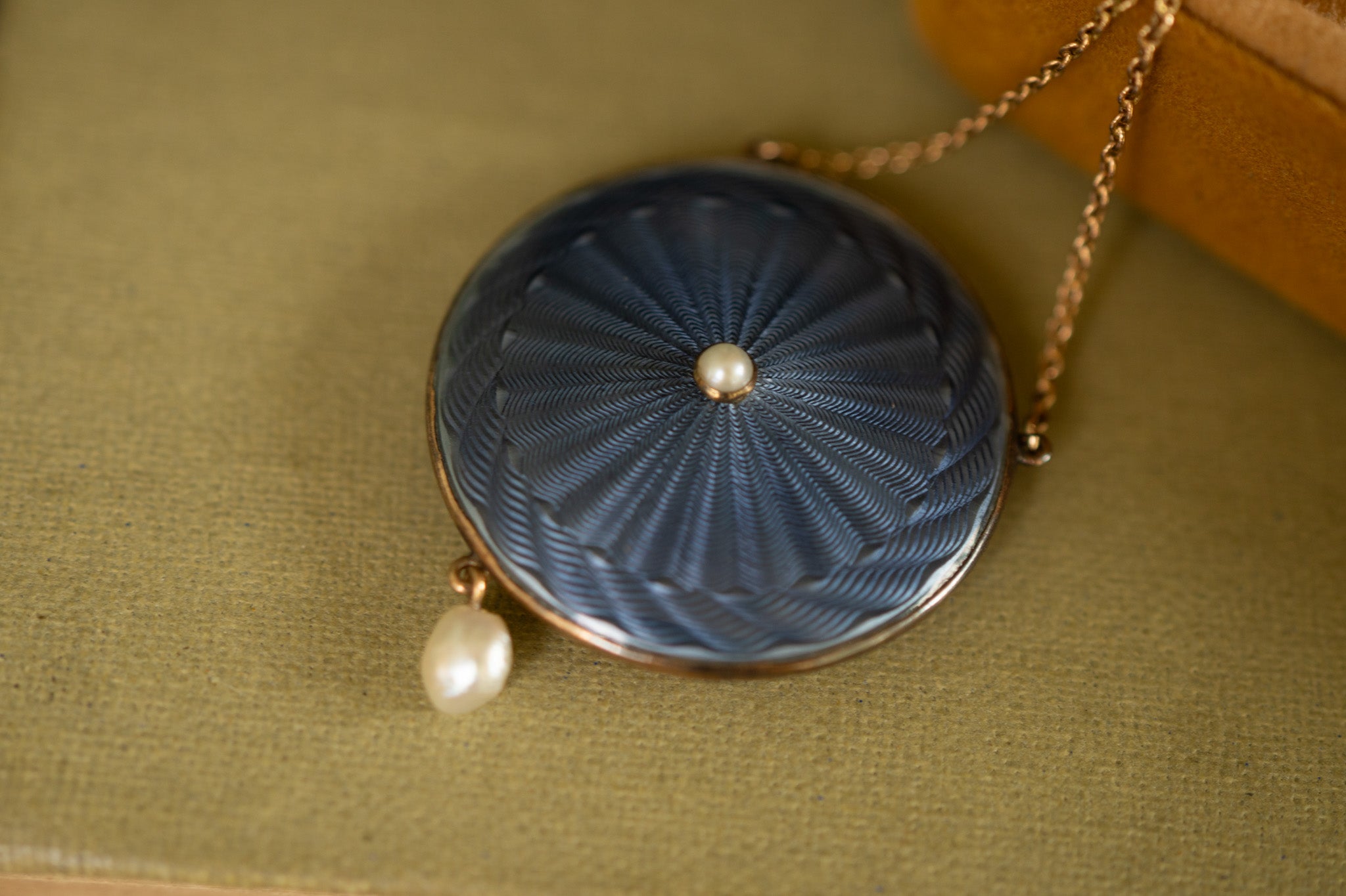 Edwardian 15ct Gold Guilloche Enamel, Miniature Portrait and Pearl Pendant Necklace
