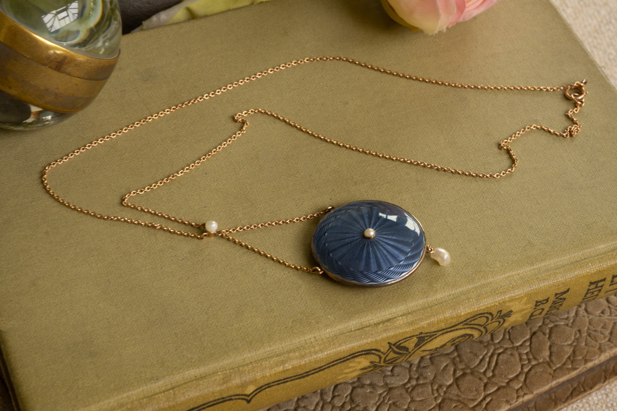 Edwardian 15ct Gold Guilloche Enamel, Miniature Portrait and Pearl Pendant Necklace