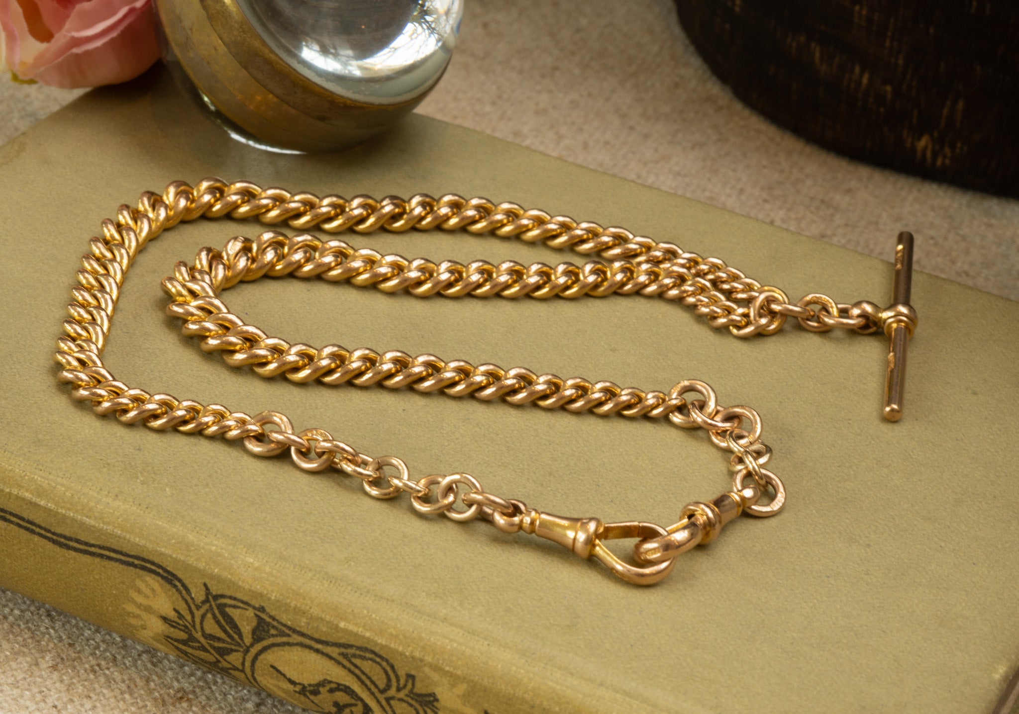 Antique 9ct Yellow Gold Graduated Tight Curb Double Albert Chain Wth T Bar