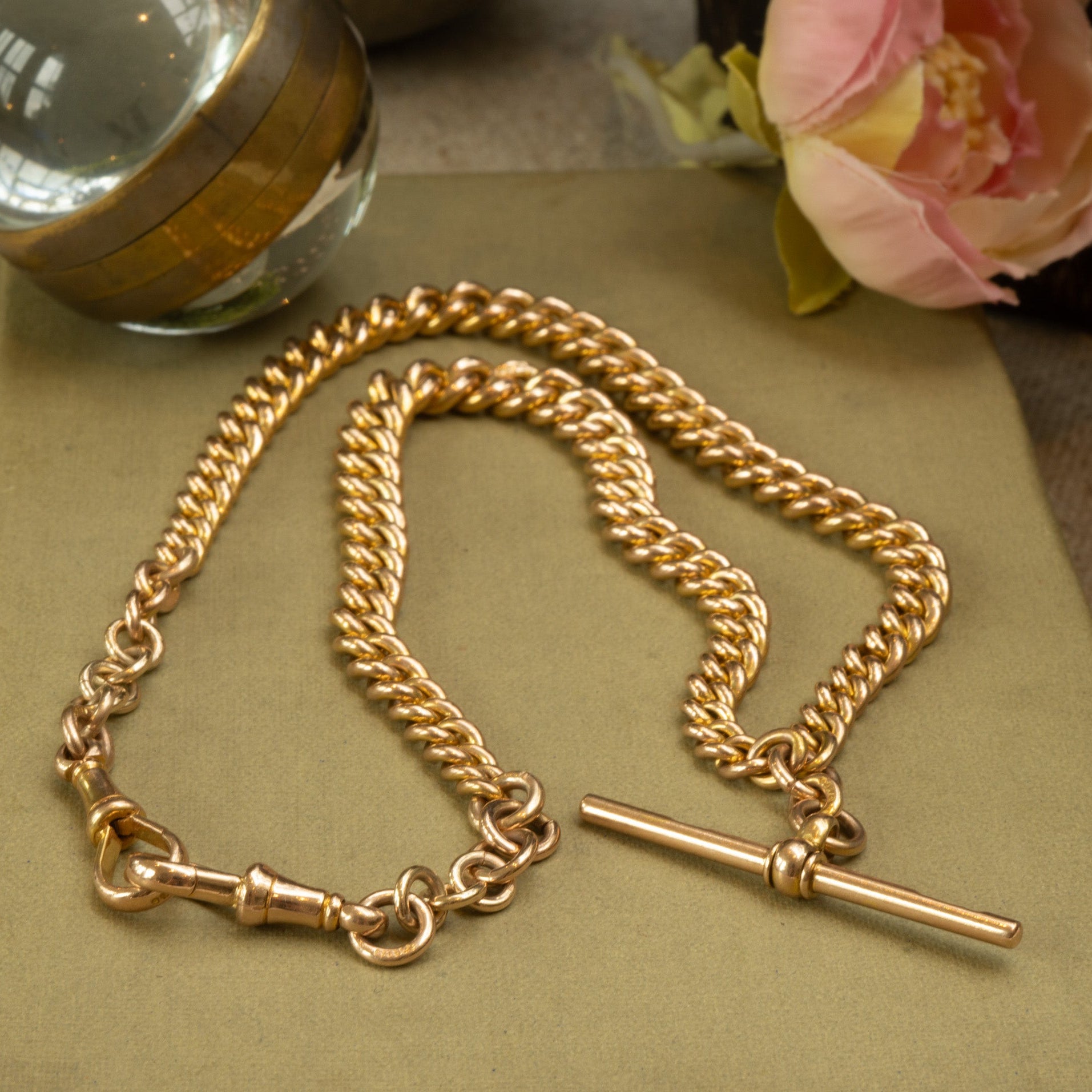 Antique 9ct Yellow Gold Graduated Tight Curb Double Albert Chain Wth T Bar