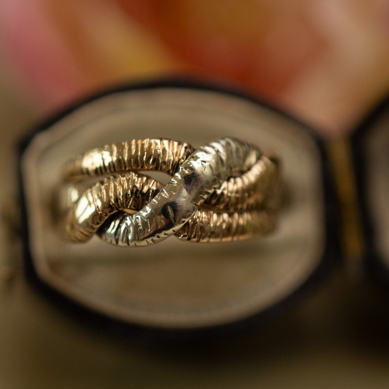 Vintage 9ct Yellow and White Gold Ribbed Crossover Ring, London Pre 1974