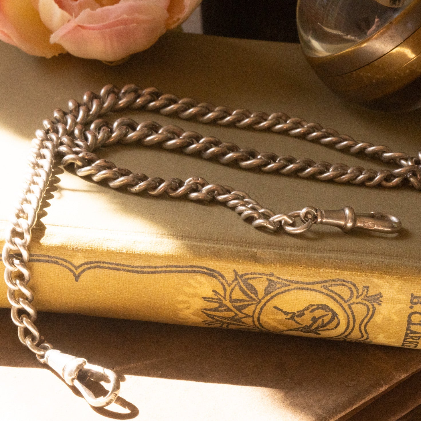 Antique Sterling Silver Graduated Curb Double Albert Chain with T  Bar