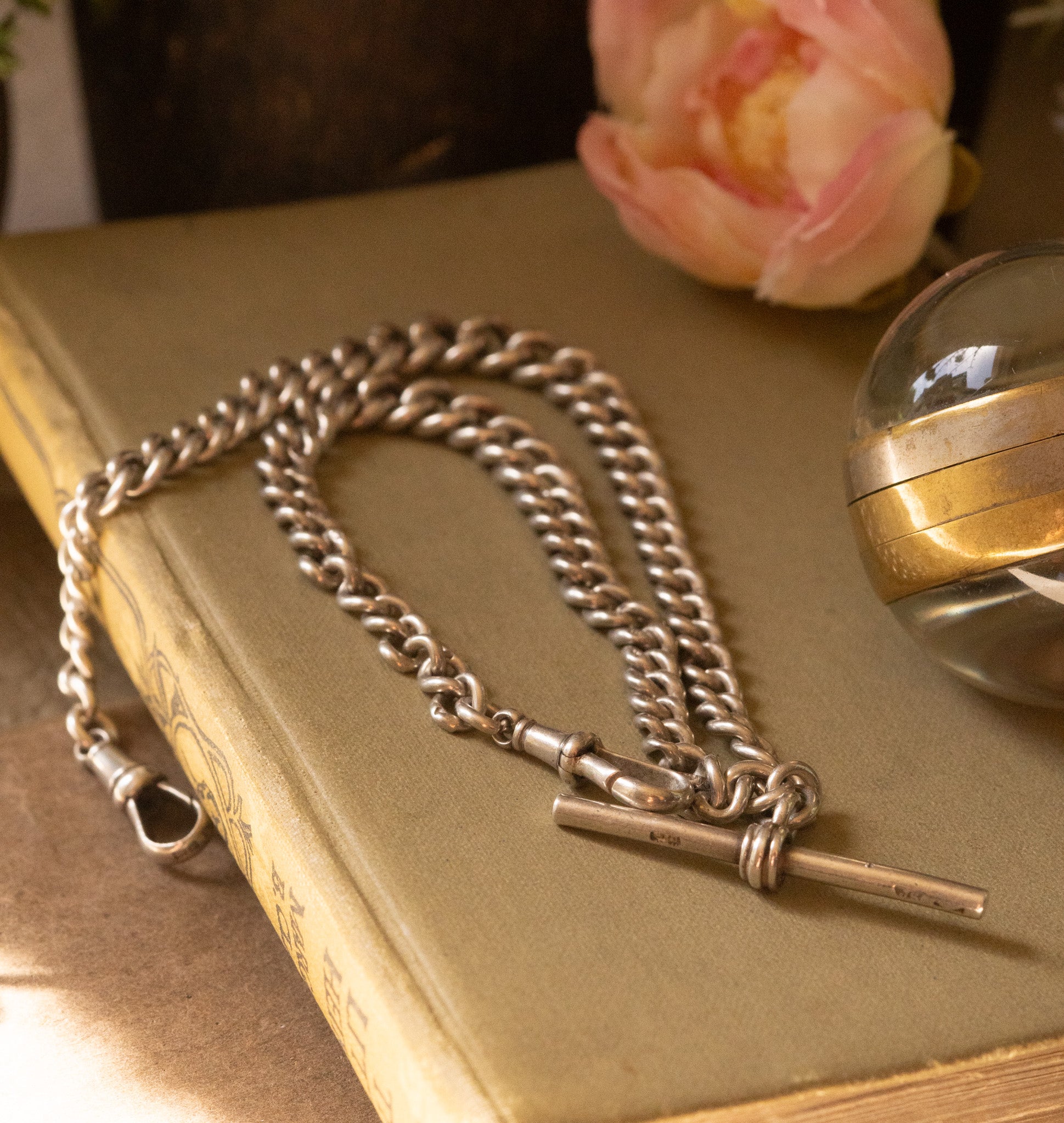 Antique Sterling Silver Graduated Curb Double Albert Chain with T  Bar