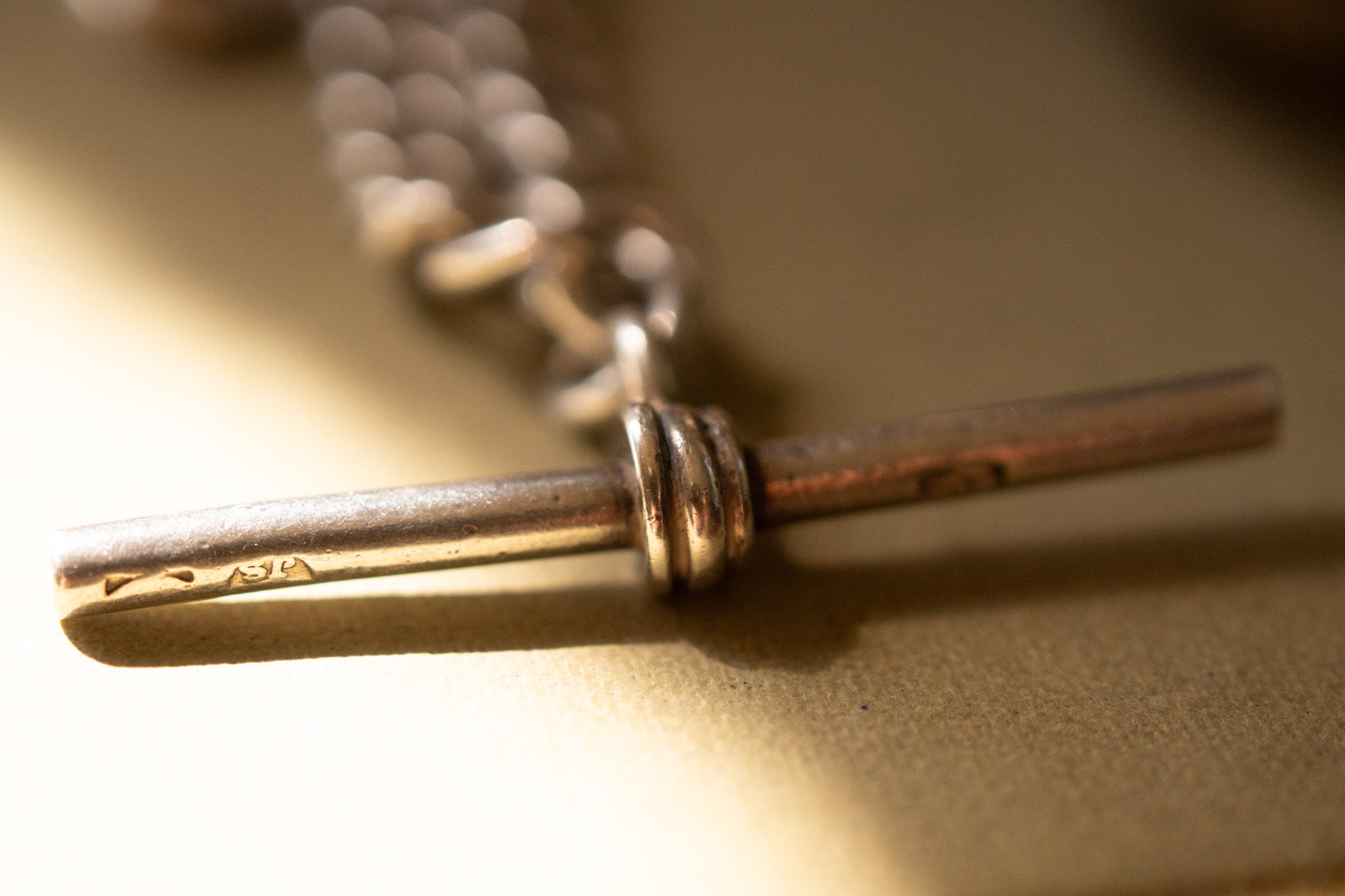 Antique Sterling Silver Graduated Curb Double Albert Chain with T  Bar