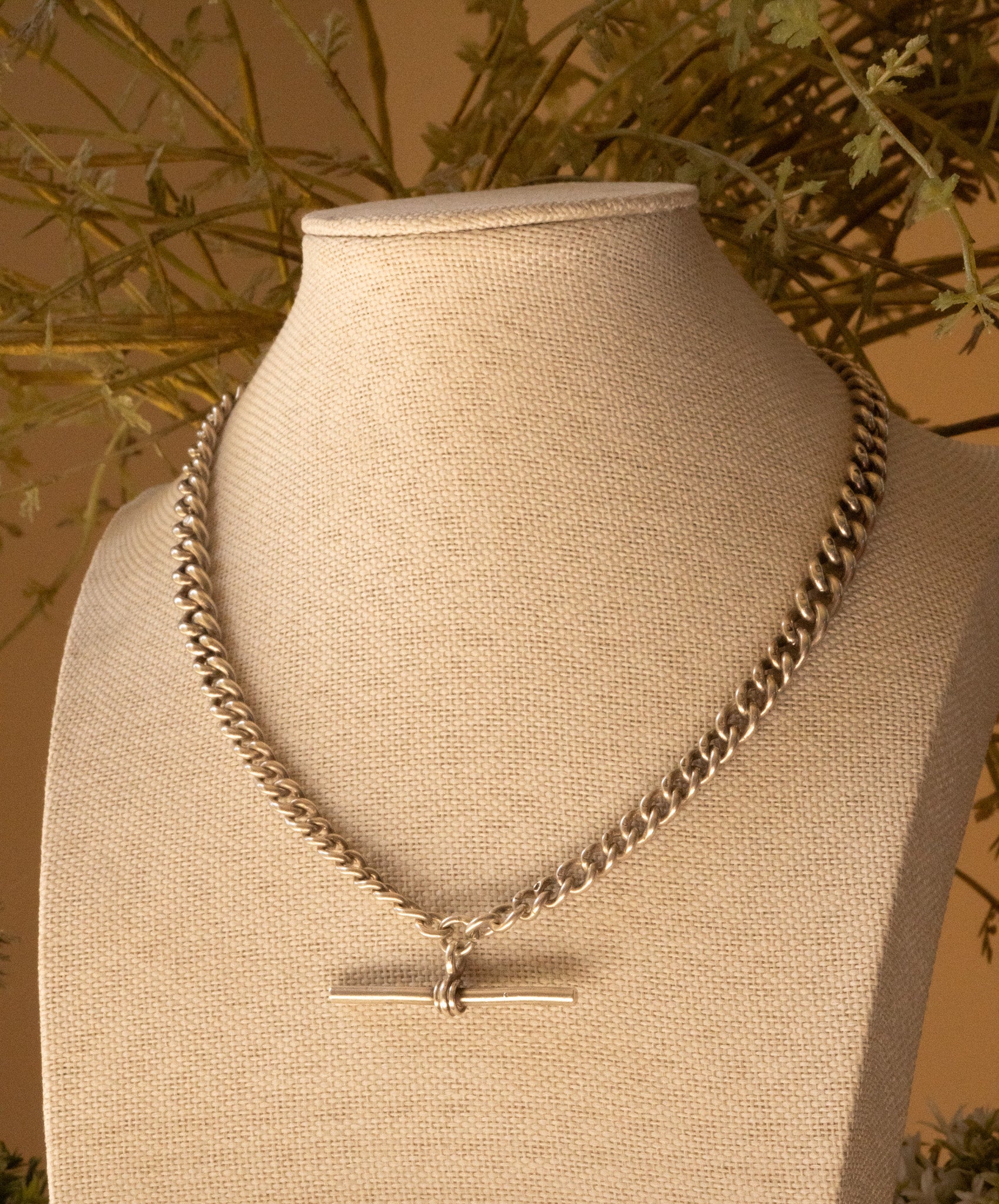 Antique Sterling Silver Graduated Curb Double Albert Chain with T  Bar