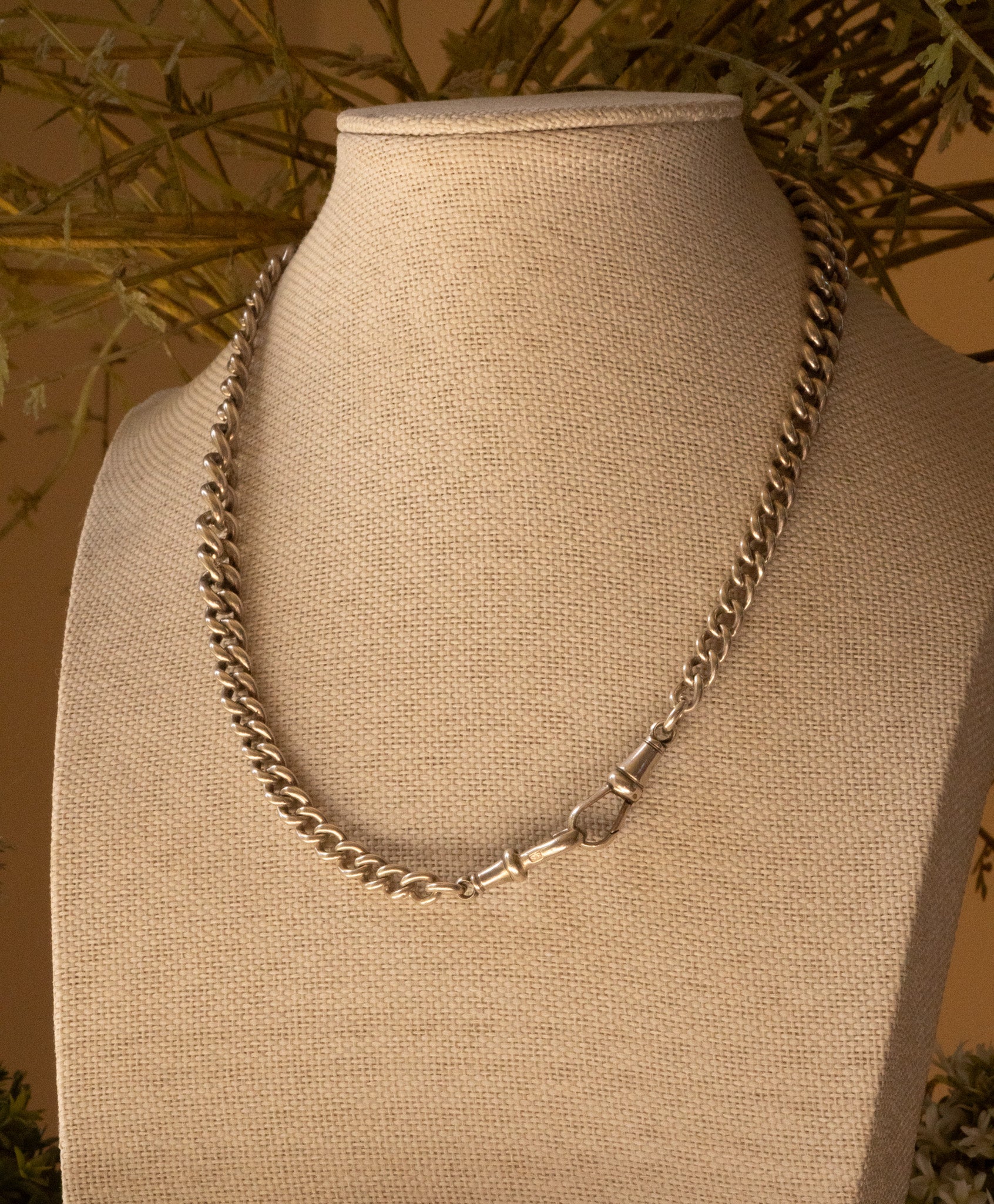 Antique Sterling Silver Graduated Curb Double Albert Chain with T  Bar