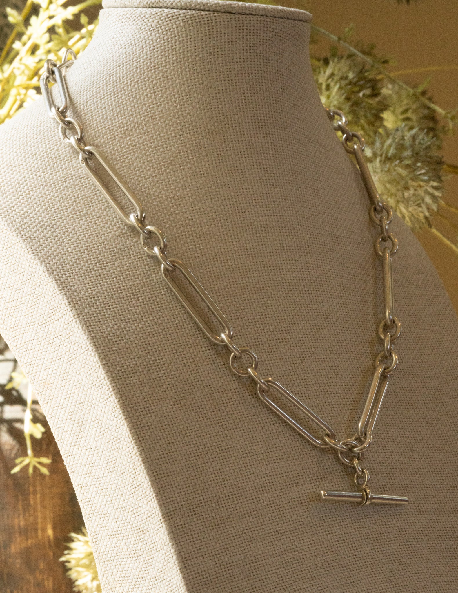 ANTIQUE STERLING SILVER TROMBONE LINK DOUBLE ALBERT WITH SWIVEL T BAR