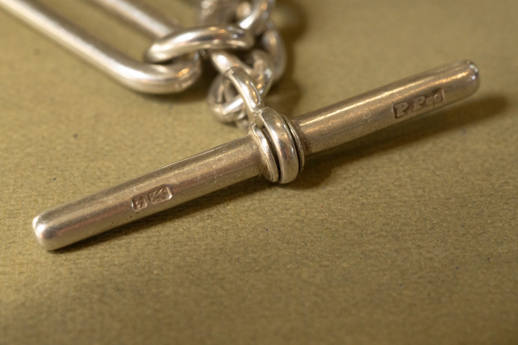 ANTIQUE STERLING SILVER TROMBONE LINK DOUBLE ALBERT WITH SWIVEL T BAR