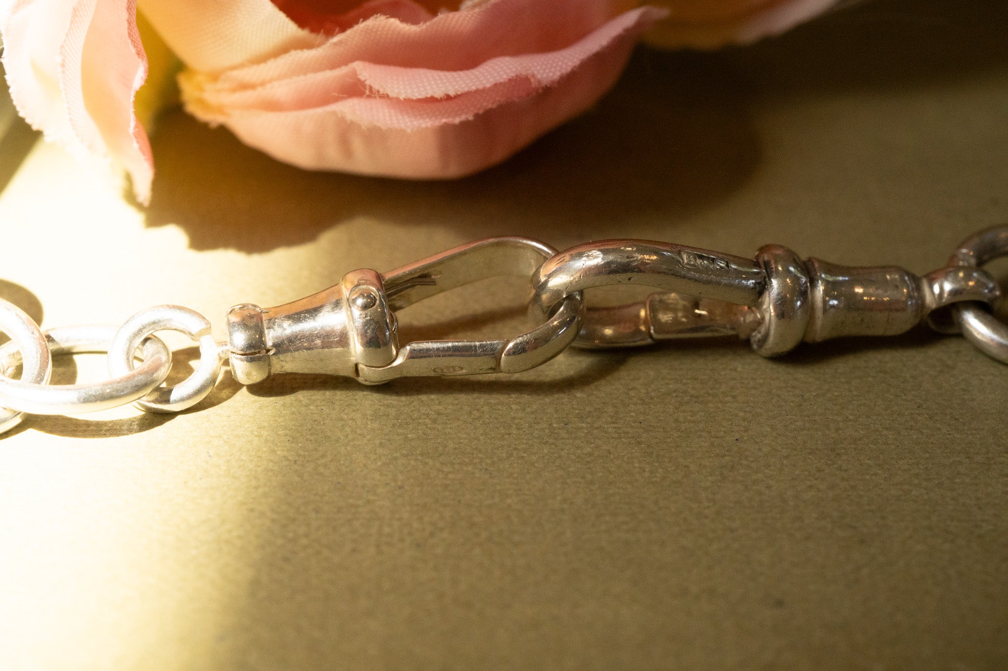 ANTIQUE STERLING SILVER TROMBONE LINK DOUBLE ALBERT WITH SWIVEL T BAR