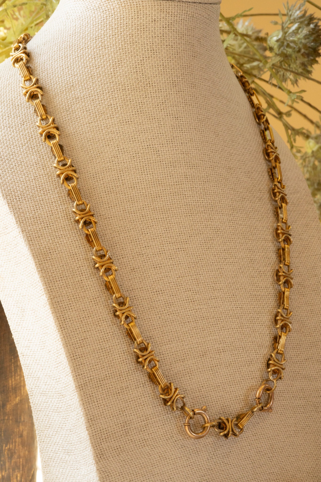 Rare Reversible Victorian Rolled Gold Chain, Ornate Leaf, Rosette and Star Detail