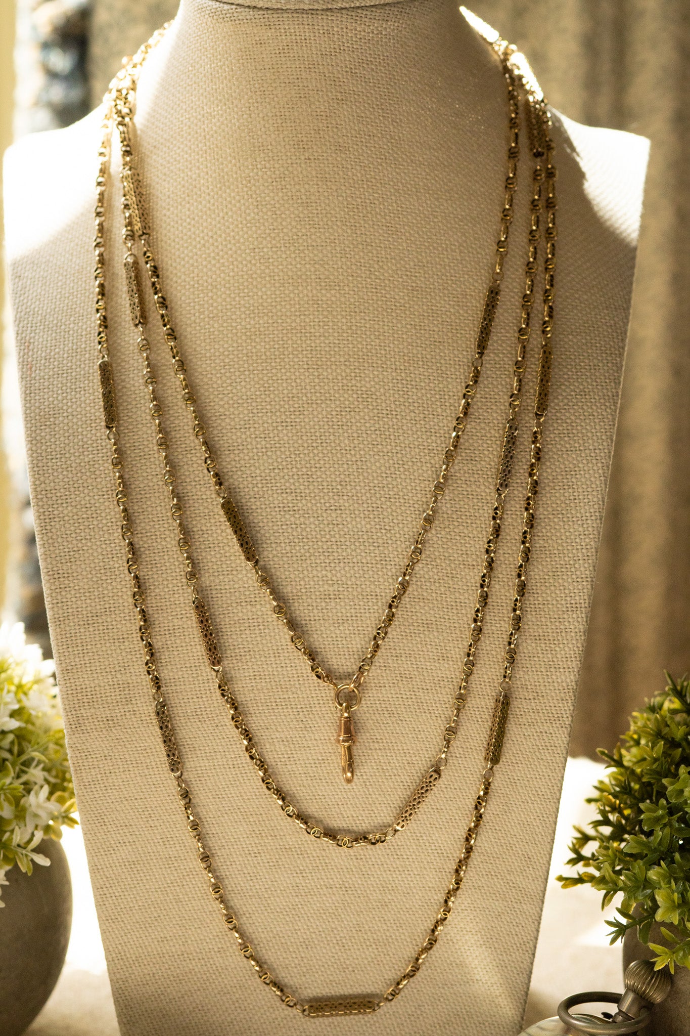 Victorian 9ct Gold Fancy Link Longuard Chain, Pierced Bar Links,
