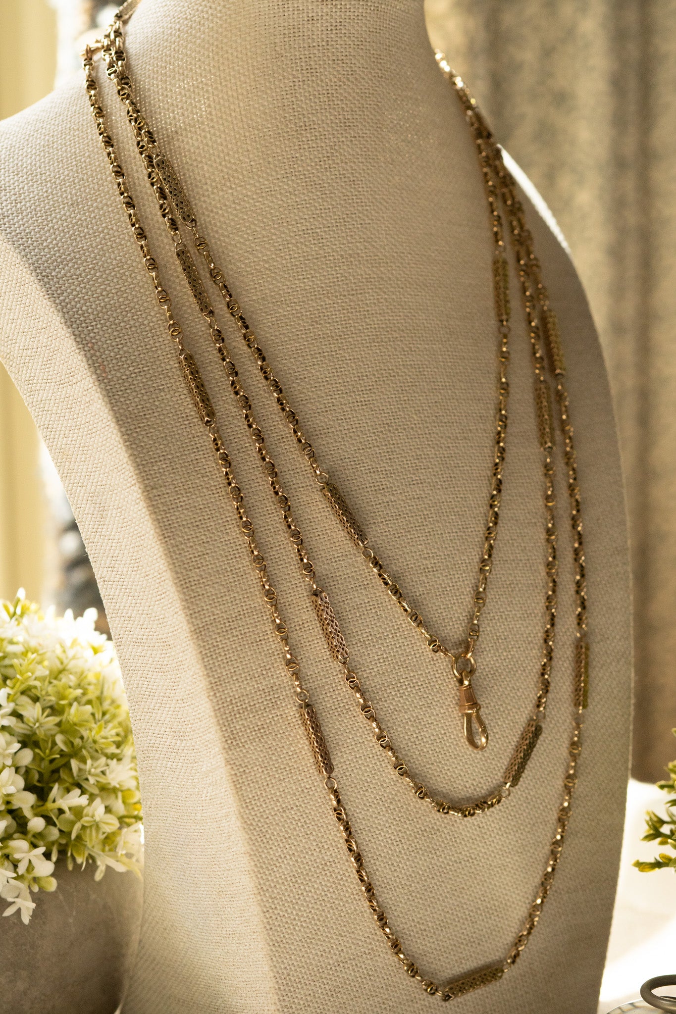 Victorian 9ct Gold Fancy Link Longuard Chain, Pierced Bar Links,