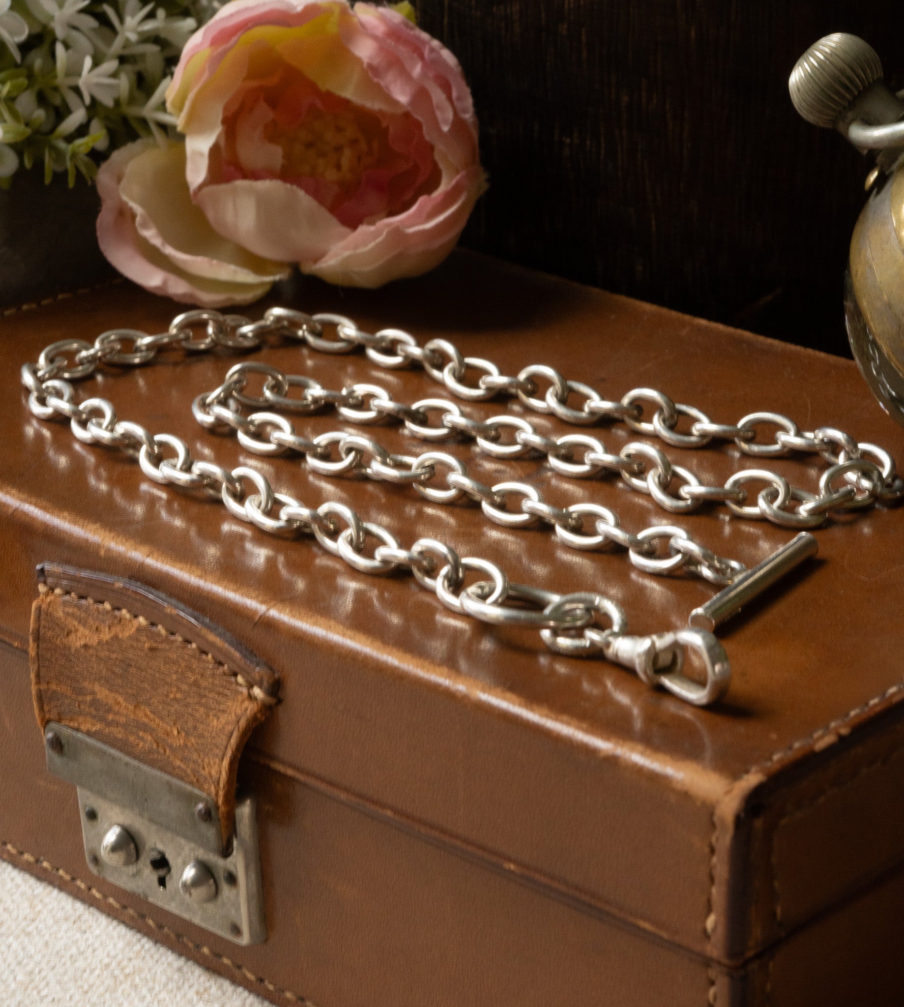 CHUNKY STERLING SILVER CABLE LINK WITH T BAR TOGGLE AND ALBERT CLASP