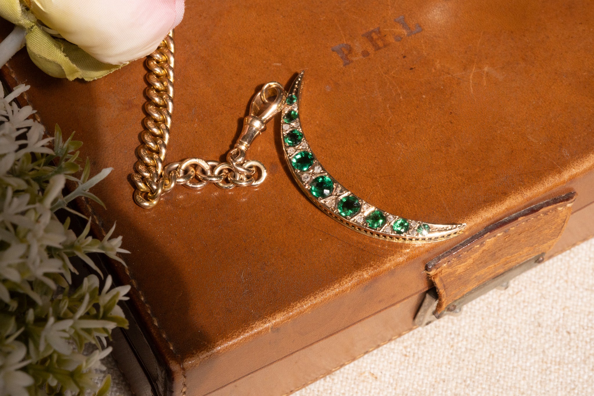 VICTORIAN 9CT GOLD DIAMOND AND PASTE CRESCENT MOON PENDANT