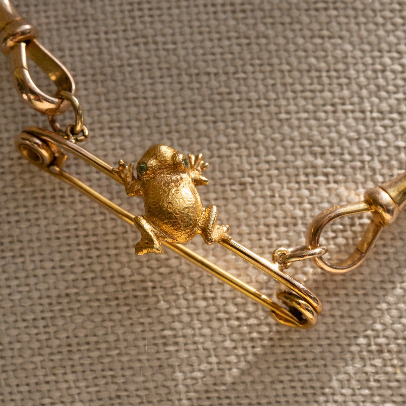 Antique 15ct Gold Frog Bar Brooches with Emerald Eyes - Sold Individually