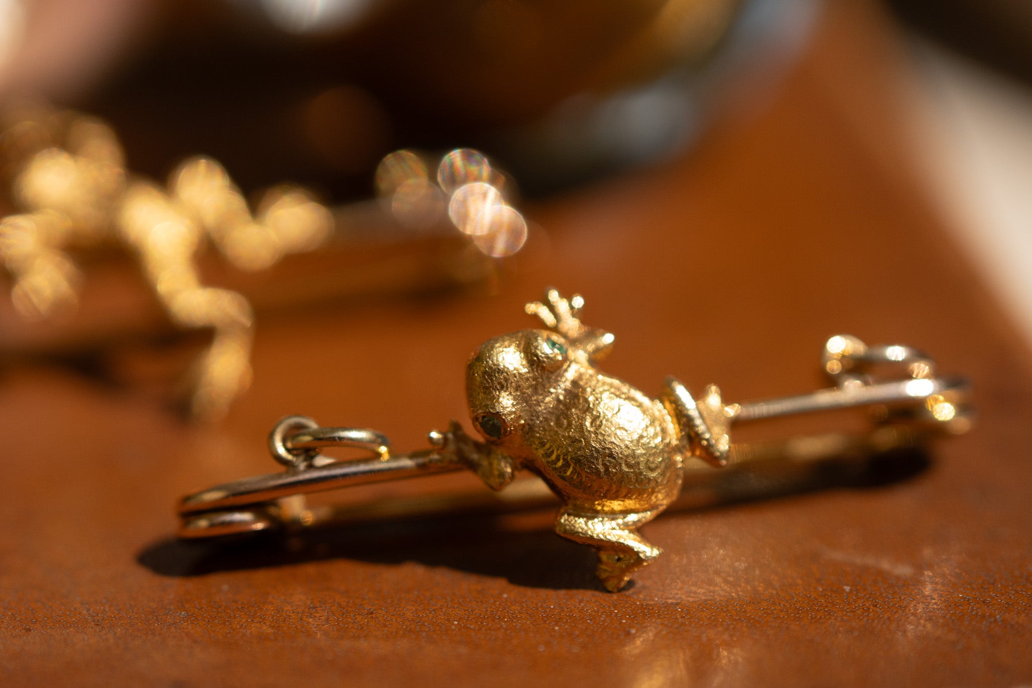 Antique 15ct Gold Frog Bar Brooches with Emerald Eyes - Sold Individually