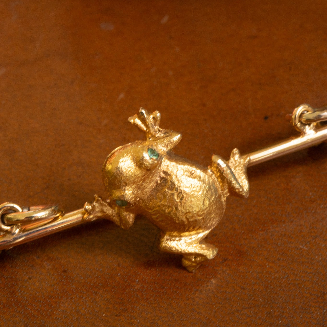 Antique 15ct Gold Frog Bar Brooches with Emerald Eyes - Sold Individually